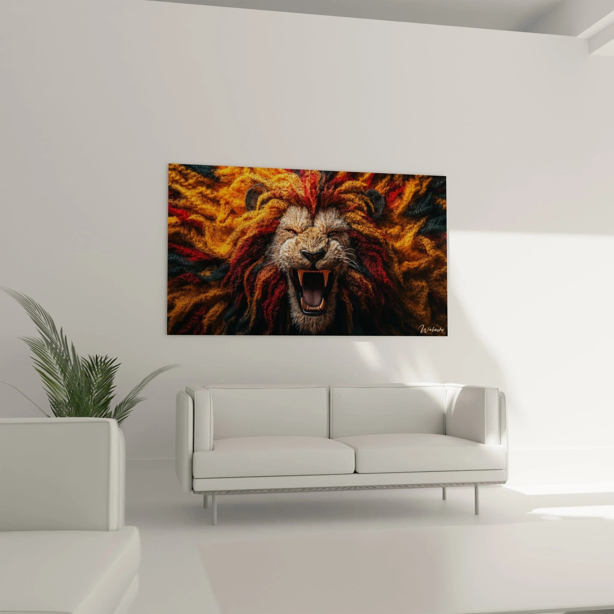 Un tableau prédateur félin représentant un lion à la gueule ouverte, aux yeux perçants et crocs acérés, entouré d'une explosion de filaments orange vif et rouge intense qui remplacent sa crinière traditionnelle pour évoquer une force primitive.