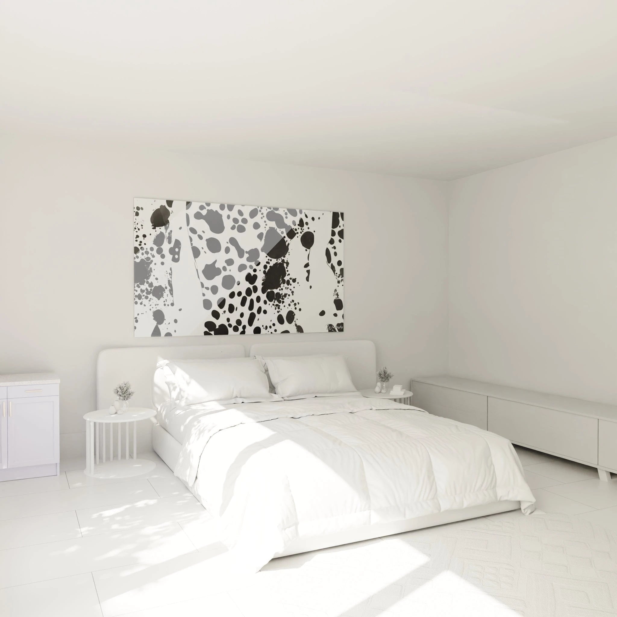 Tableau tacheté noir et blanc de Walensky décorant une chambre moderne lumineuse