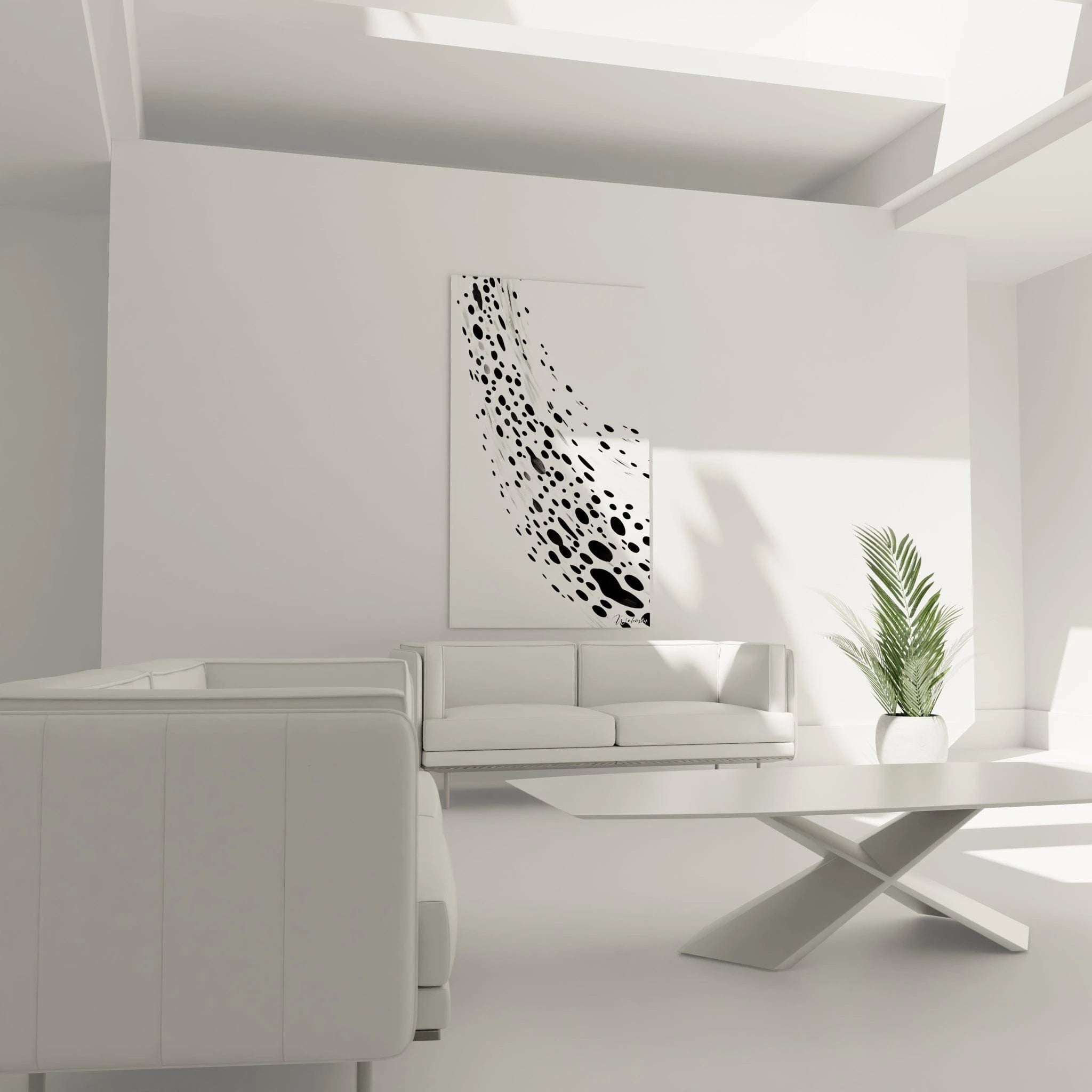 Tableau tacheté noir et blanc de Walensky sur un mur blanc dans un salon moderne