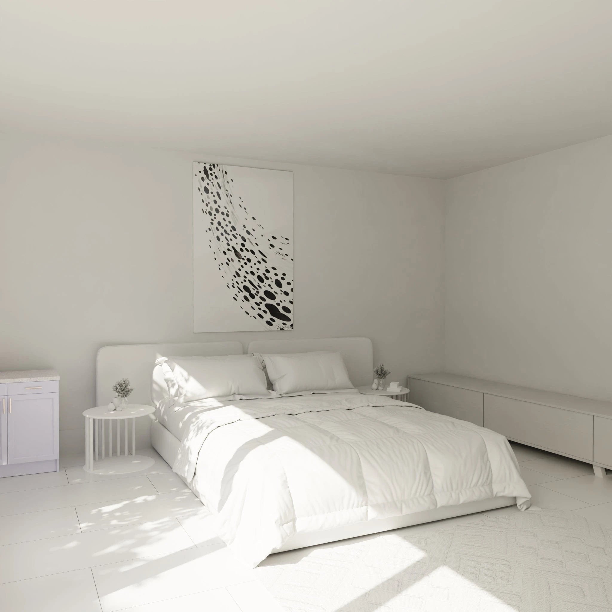 Tableau tacheté noir et blanc Walensky accroché dans une chambre lumineuse et moderne