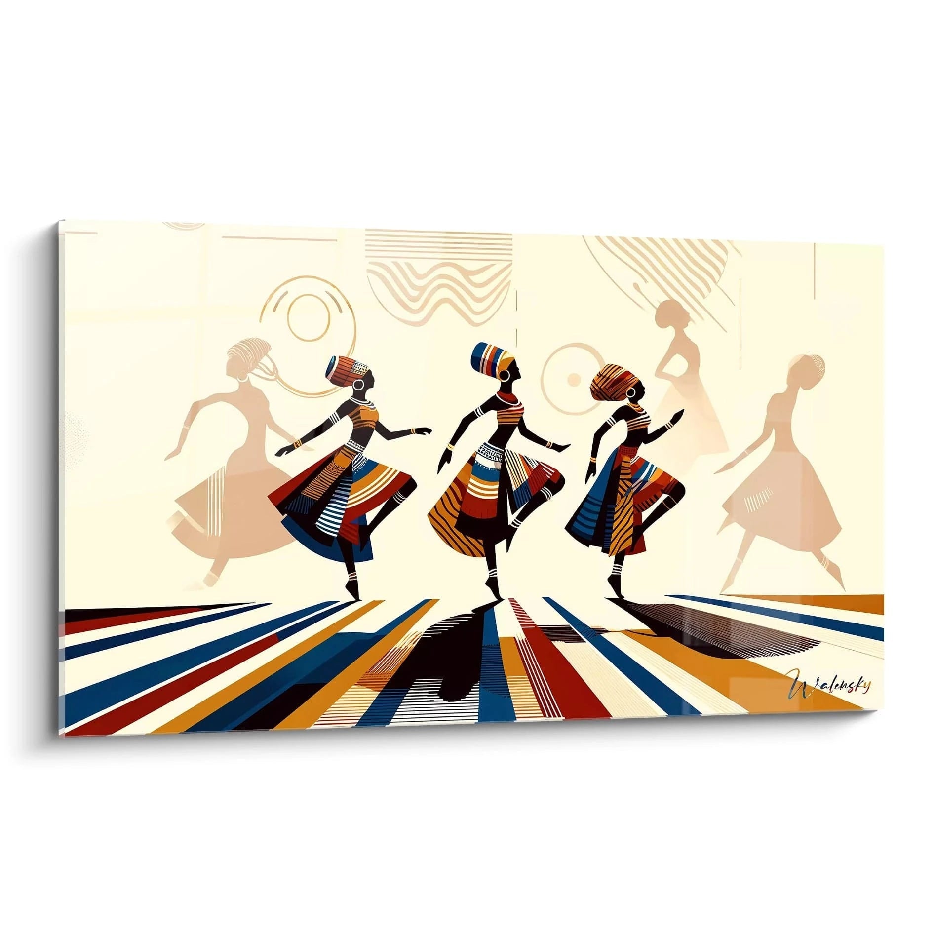 Le tableau africain, vu de biais, capture la fluidité des silhouettes dansantes avec des lignes dynamiques. L’orange vif, le bleu marine et le beige apportent chaleur et sérénité à l’œuvre.