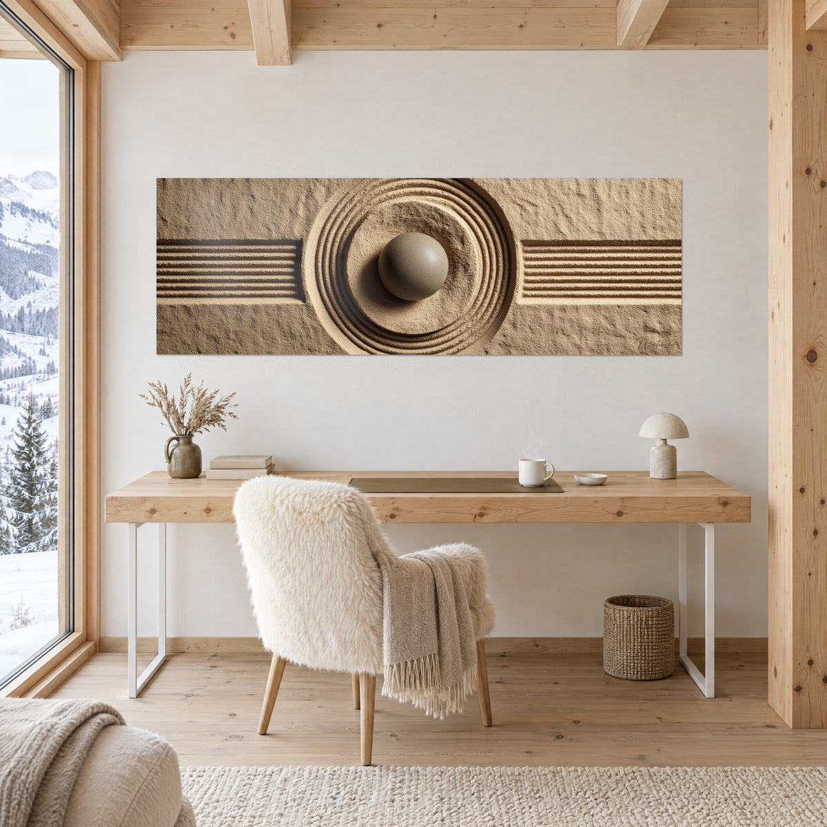 Quadro sabbia increspata in spirali circolari, sfera minerale grigia, strisce orizzontali beige dorato, sopra una scrivania in legno