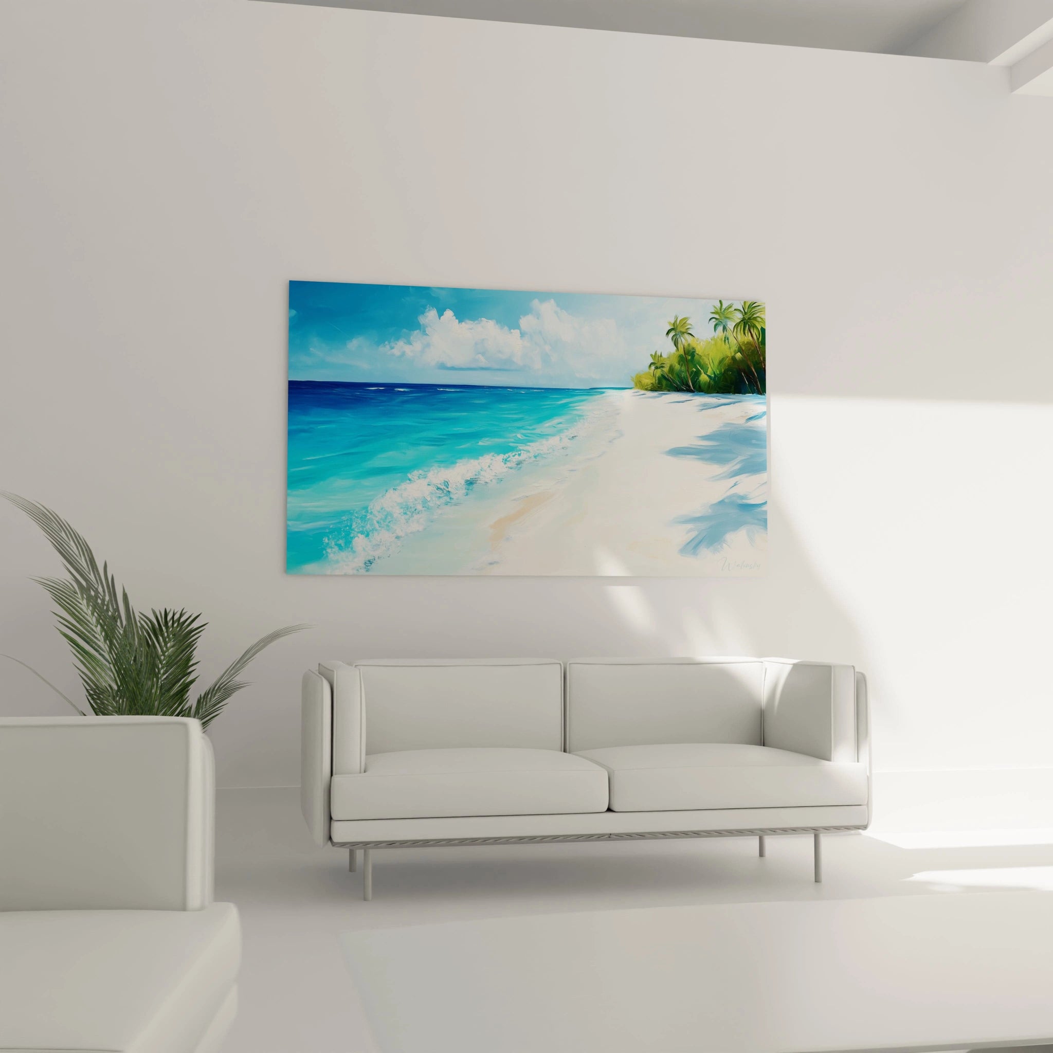 Un tableau plage aux couleurs vibrantes présentant une mer bleu azur, un rivage de sable blanc avec des ombres douces, des palmiers tropicaux et une atmosphère lumineuse avec des nuages blancs