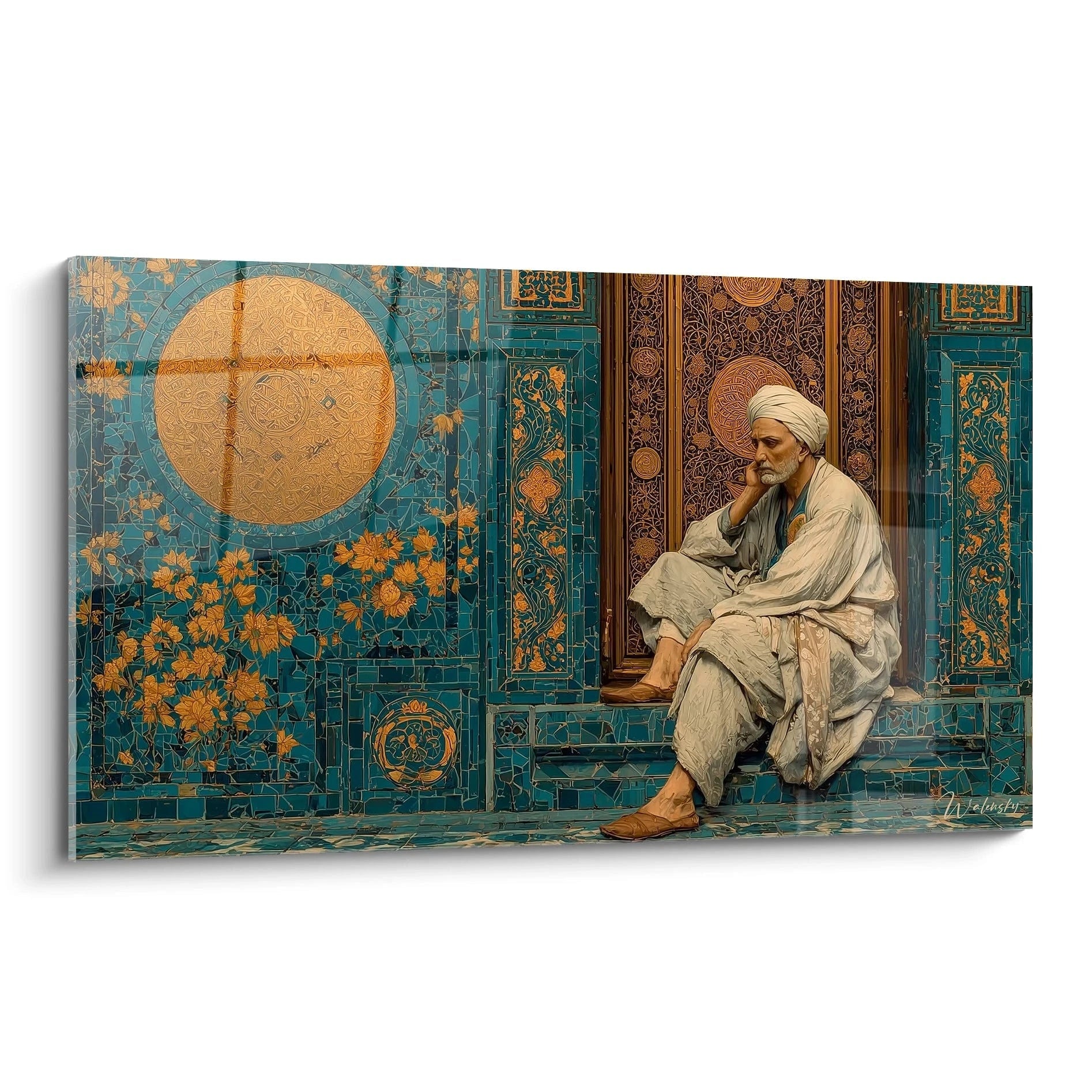 tableau orientalisme haut de gamme par Walensky montrant un homme en turban assis devant carreaux turquoises et motifs dores