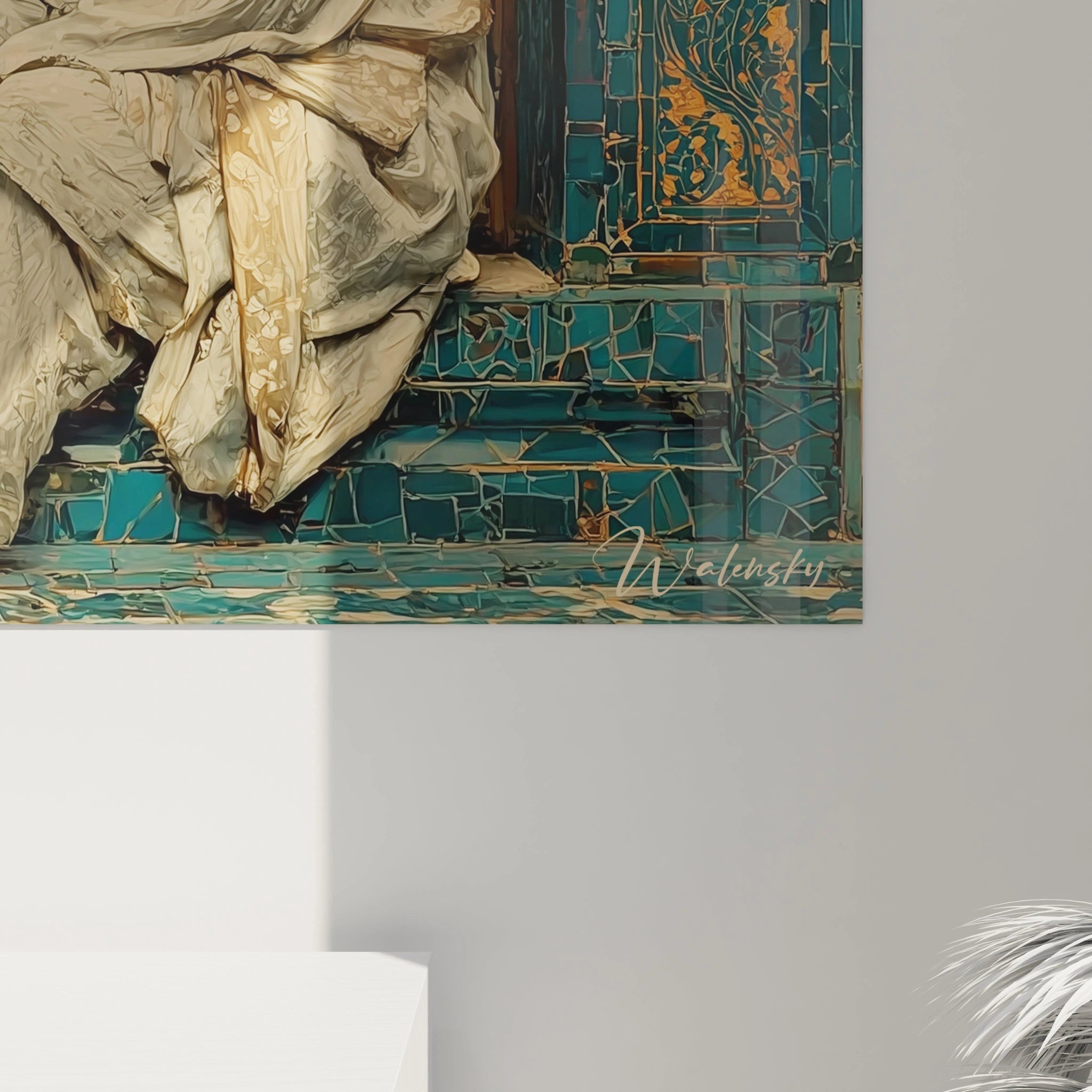 Tableau mural Walensky montrant tissu drape creme sur mosaique turquoise ornee et signature tableau orientalisme haut de gamme
