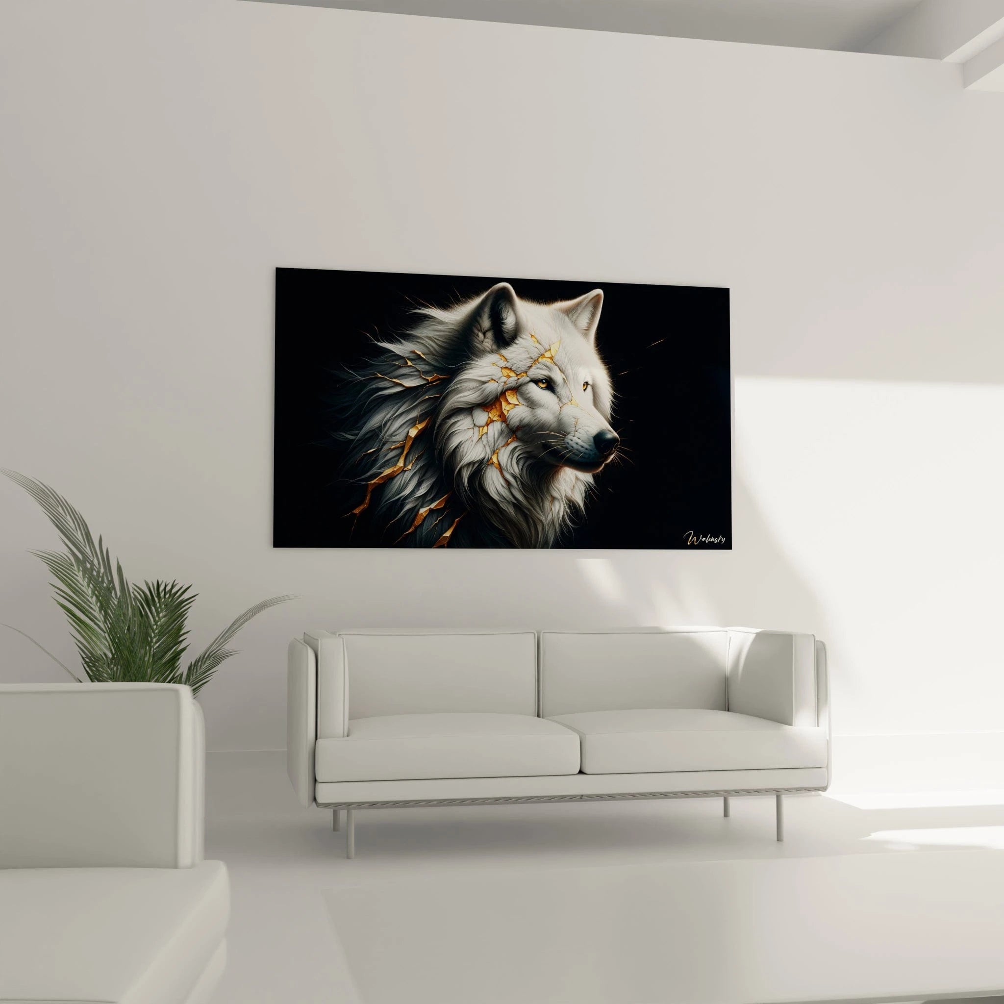 Un tableau d'animal montrant la tête d'un loup blanc avec des craquelures dorées traversant son pelage. La texture réaliste de la fourrure, avec ses mèches fines et ondulantes, est mise en valeur par les veines d'or qui semblent émaner de l'intérieur de l'animal. Le contraste entre le blanc éclatant et l'or brillant se détache sur fond sombre.