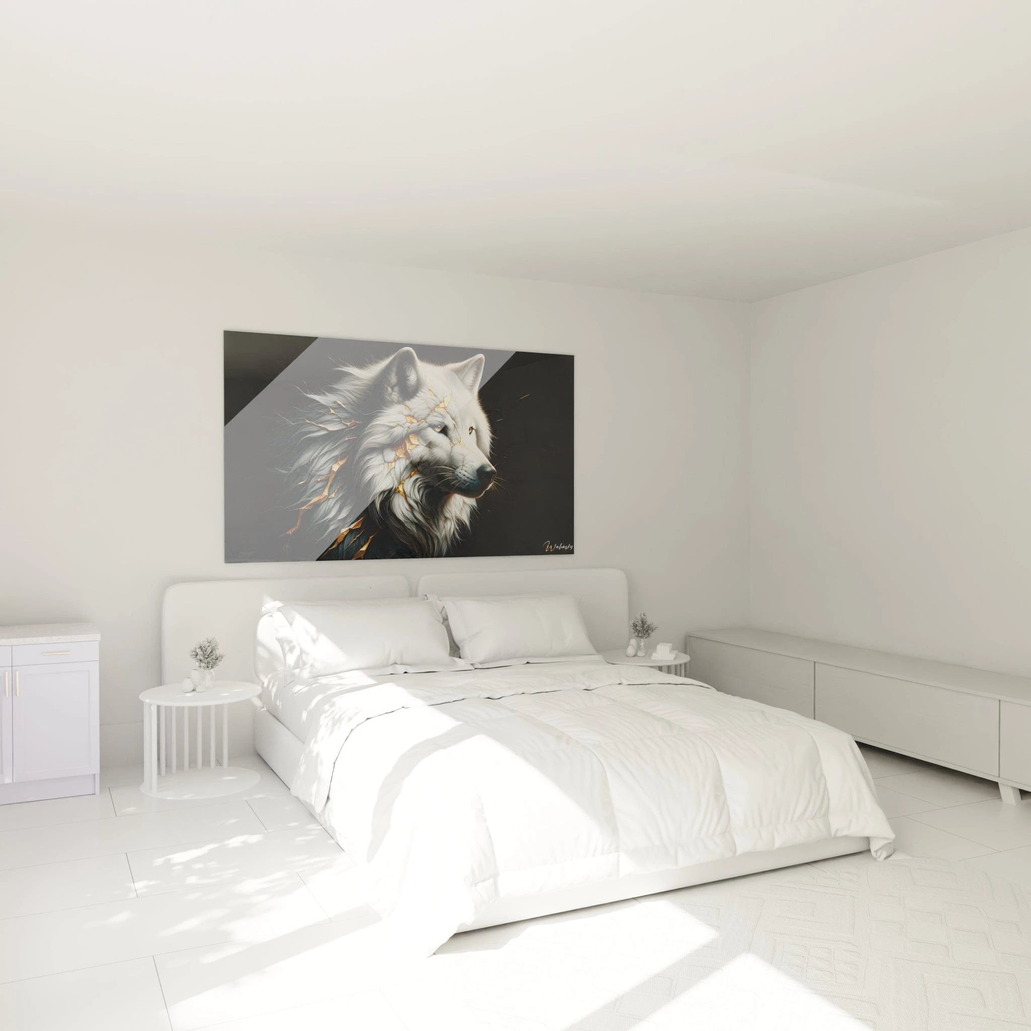 Un tableau d'animal figurant un loup blanc dont le pelage est parcouru de fissures dorées évoquant la technique du kintsugi. La texture soyeuse et détaillée des poils blancs et gris est rendue avec précision. Des lignes dorées brillantes semblent briser et illuminer simultanément la silhouette du canidé au regard ambré sur fond noir.