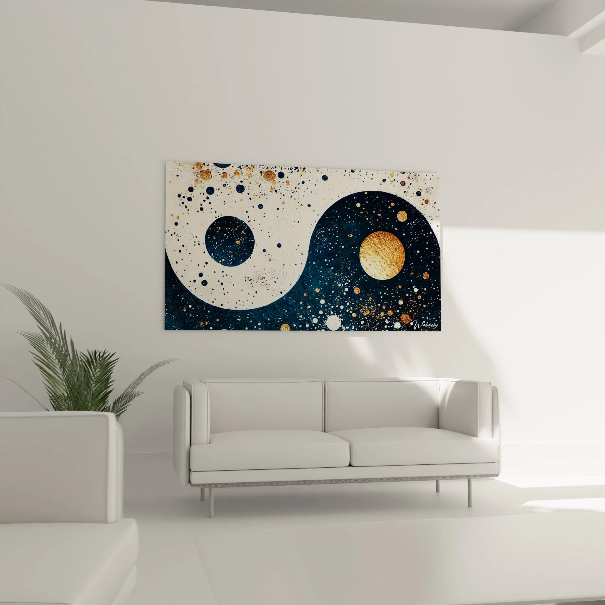 Tableau yin yang accroche dans un salon au-dessus d un canape. Ses contrastes saisissants et touches dorees enrichissent votre espace de serenite et d elegance.