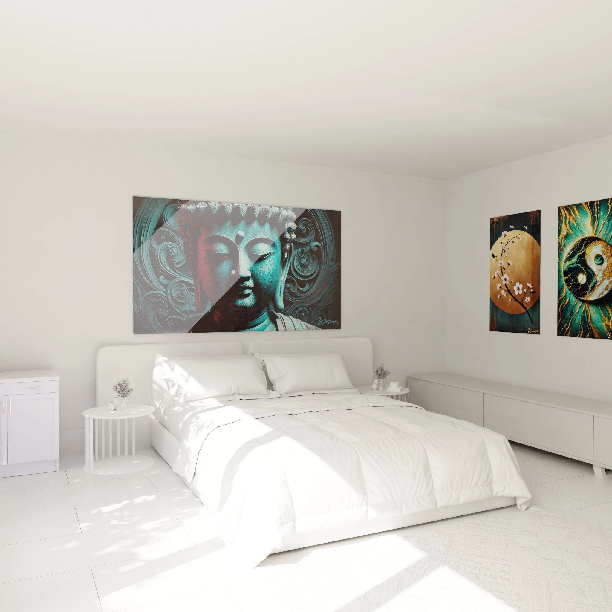 Tableau en verre acrylique zen et méditation, accroché au-dessus d'un lit dans une chambre paisible, créant une ambiance de sérénité et de détente."