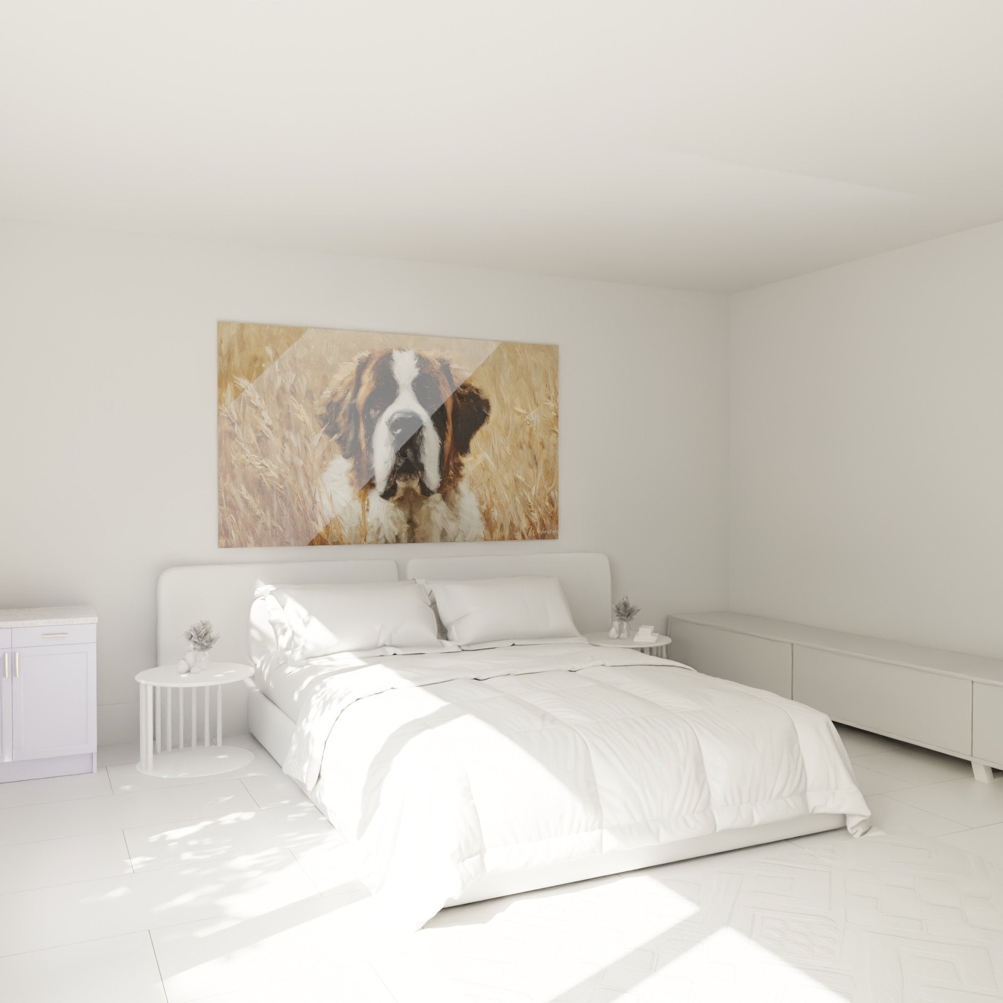 Tableau Saint Bernard doré dans chambre moderne avec décoration beige et bois naturel