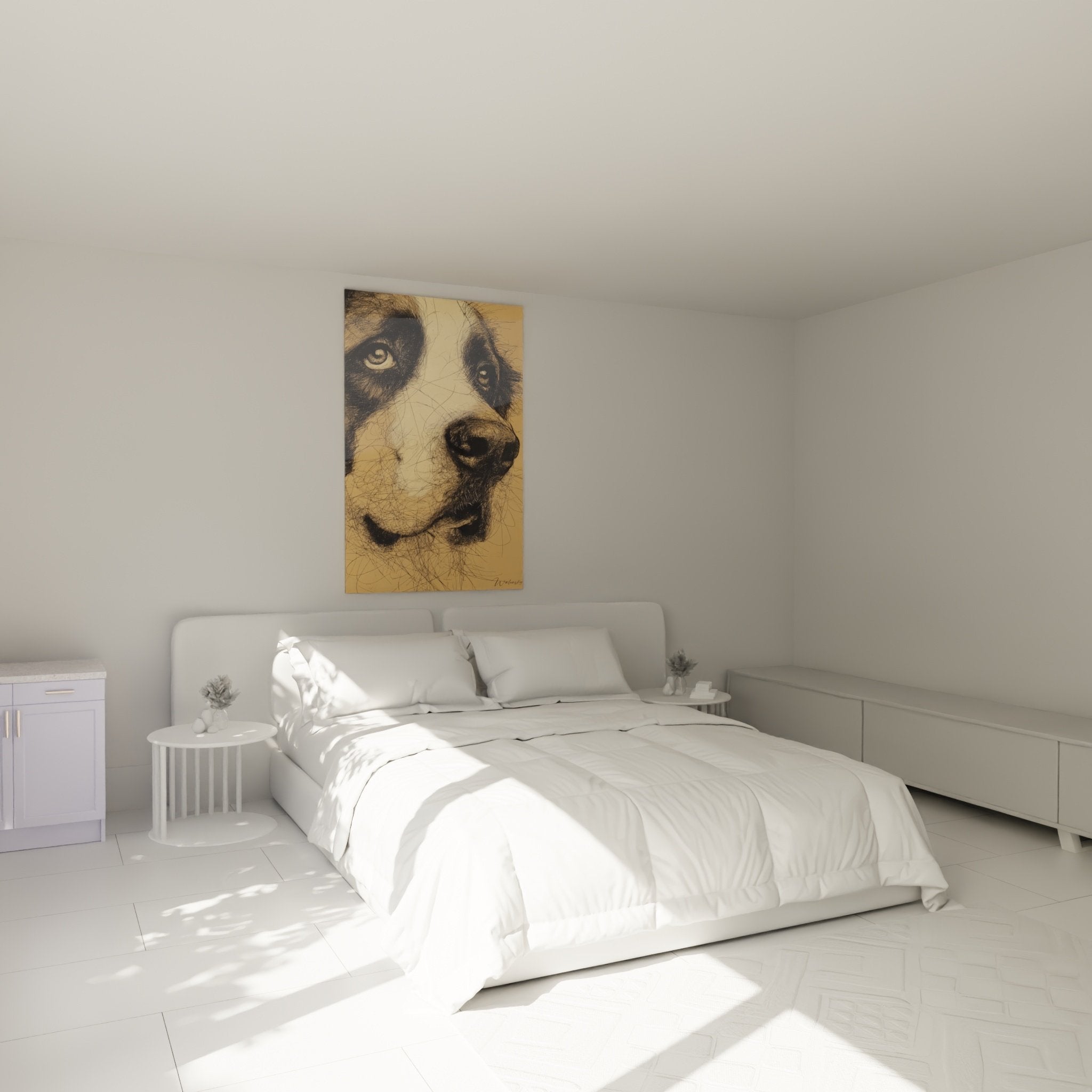 Tableau portrait Saint Bernard dans chambre moderne, décoration murale art canin esquisse tons ocre