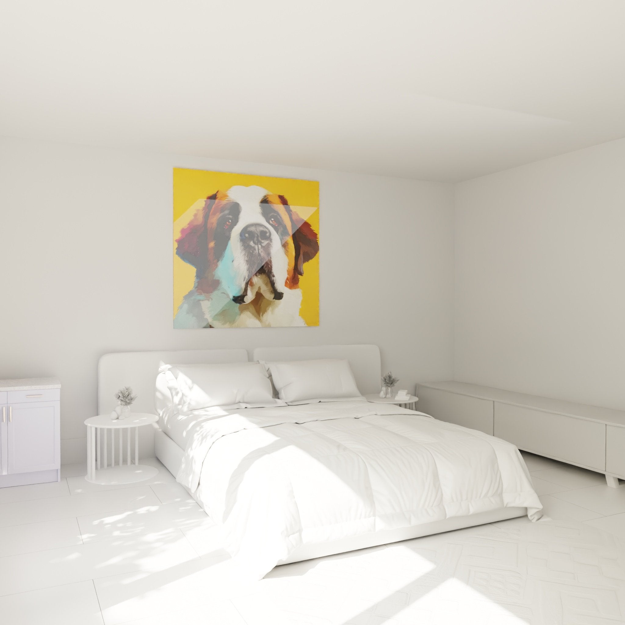 Gemälde Heiliger Bernhard farbiges Porträt schmückt Schlafzimmer warme Atmosphäre Wandkunst Hund