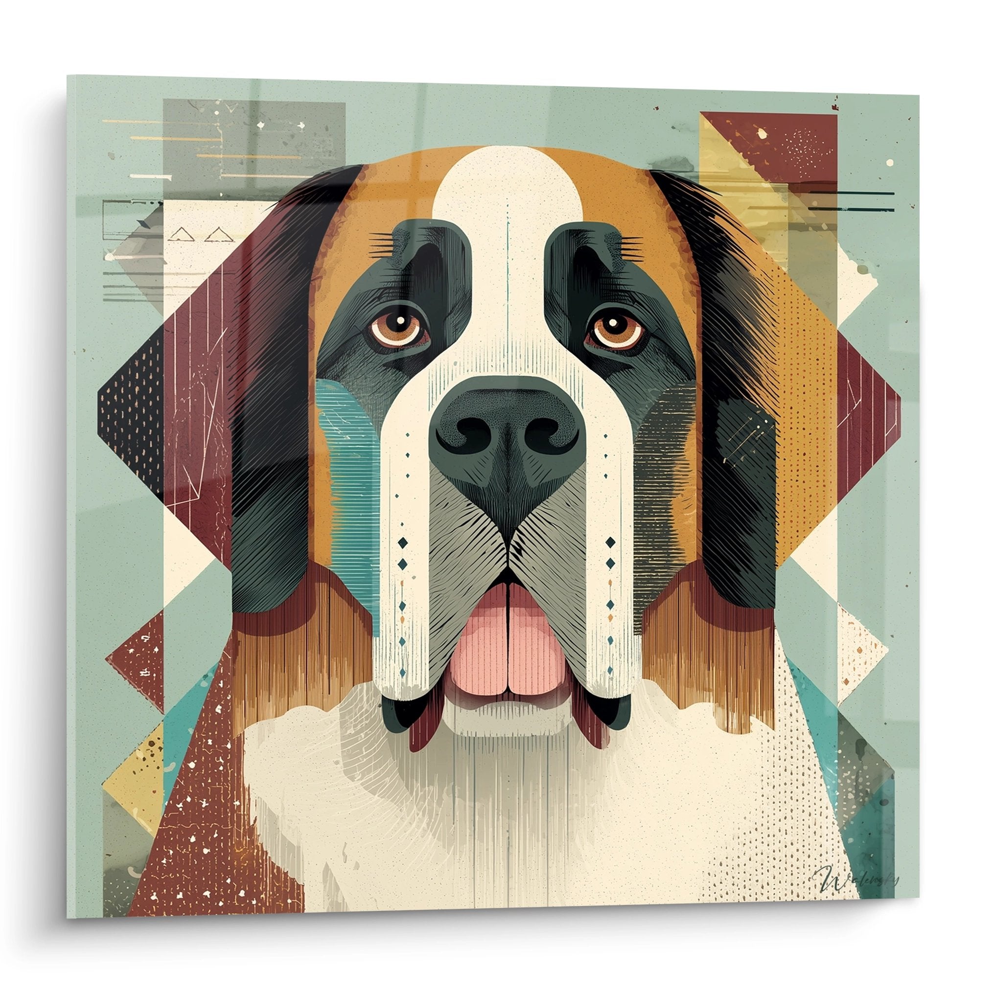 Portrait cubiste de Saint Bernard aux formes géométriques colorées ocre bordeaux vert sur fond artistique moderne
