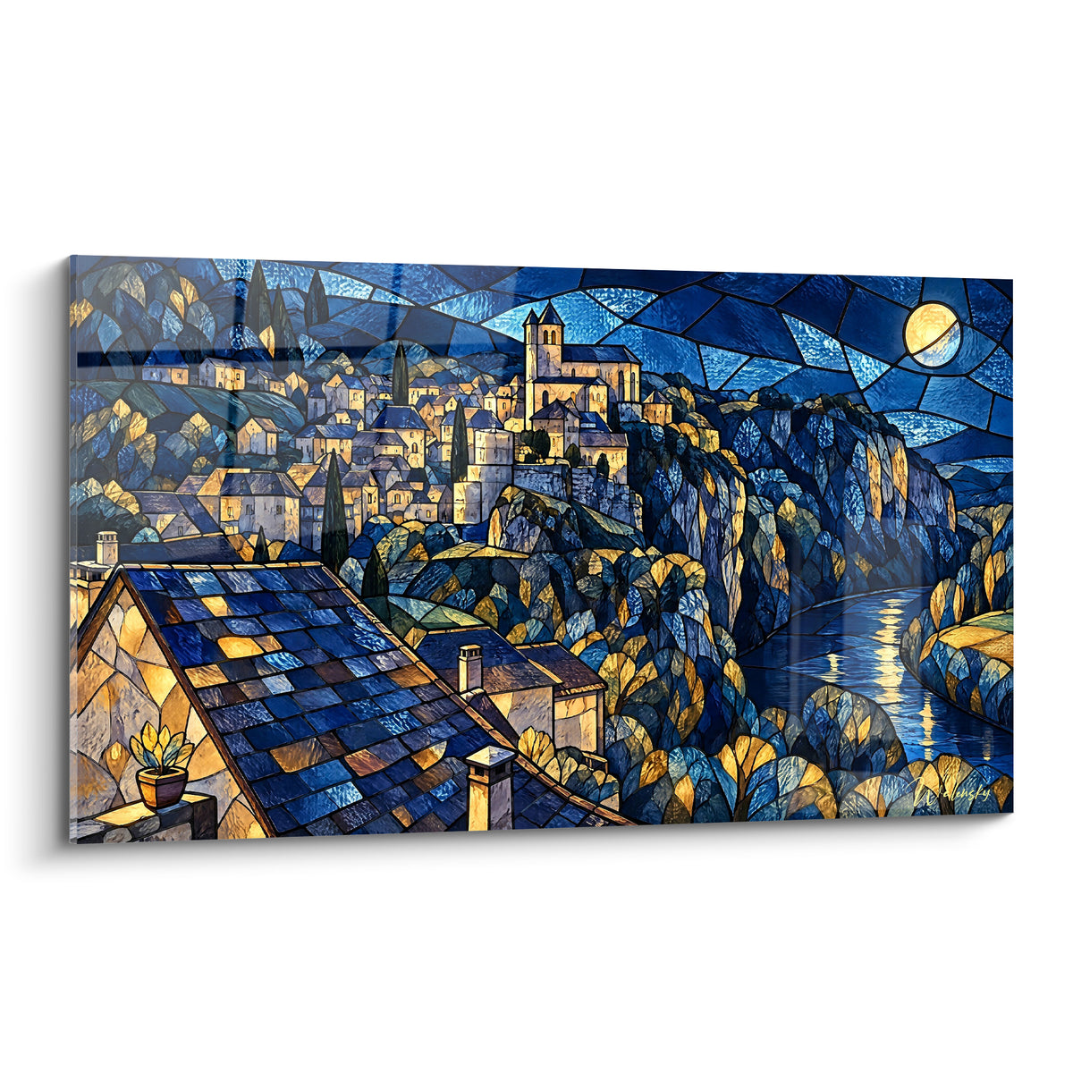Village de Saint-Cirq-Lapopie façon vitrail, bleu marine et doré, lune et rivière en arrière-plan