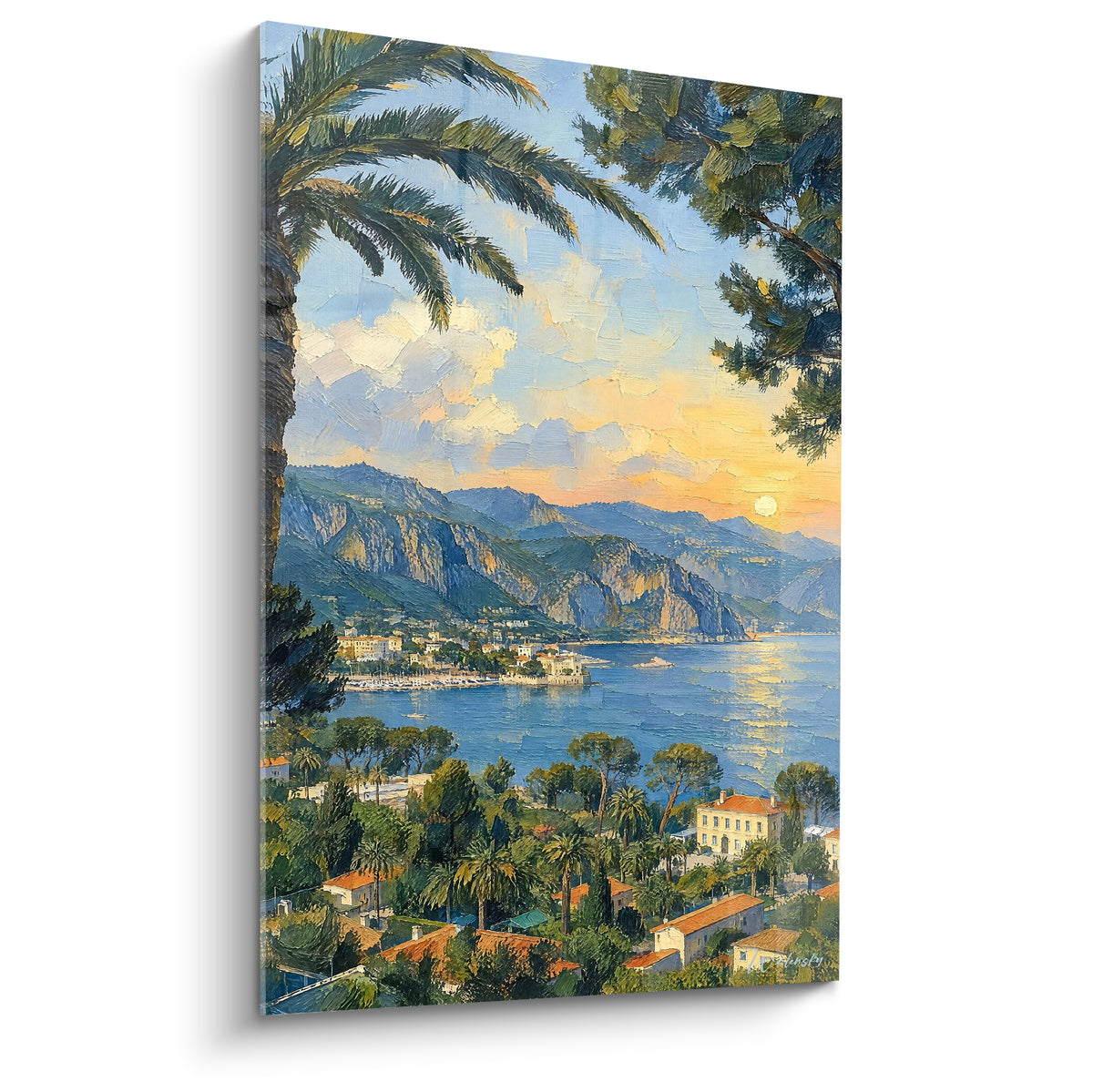 Baie de Saint-Jean-Cap-Ferrat peinte en bleu marine et orangé sous un palmier au coucher du soleil