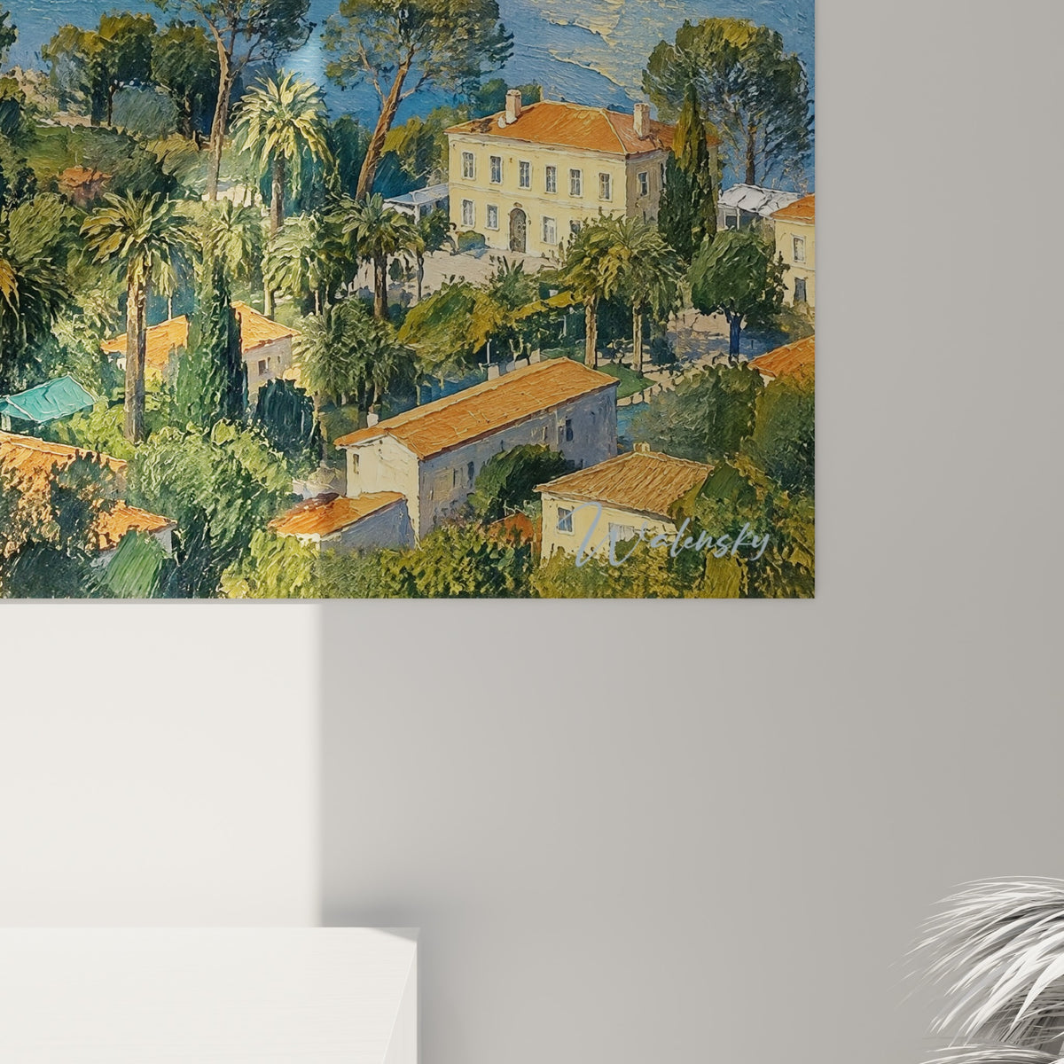 Quadro palma e baia blu, angolo in basso a destra: tetti arancioni e fogliame ispessito dalla pittura, vetro lucido a sinistra, Dibond opaco a destra