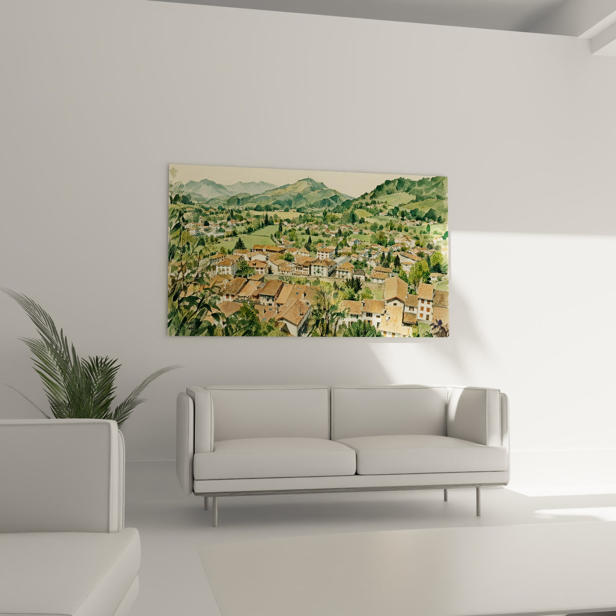 Panorama de village pyrénéen en vert sauge et terracotta, au-dessus d'un canapé dans un salon lumineux