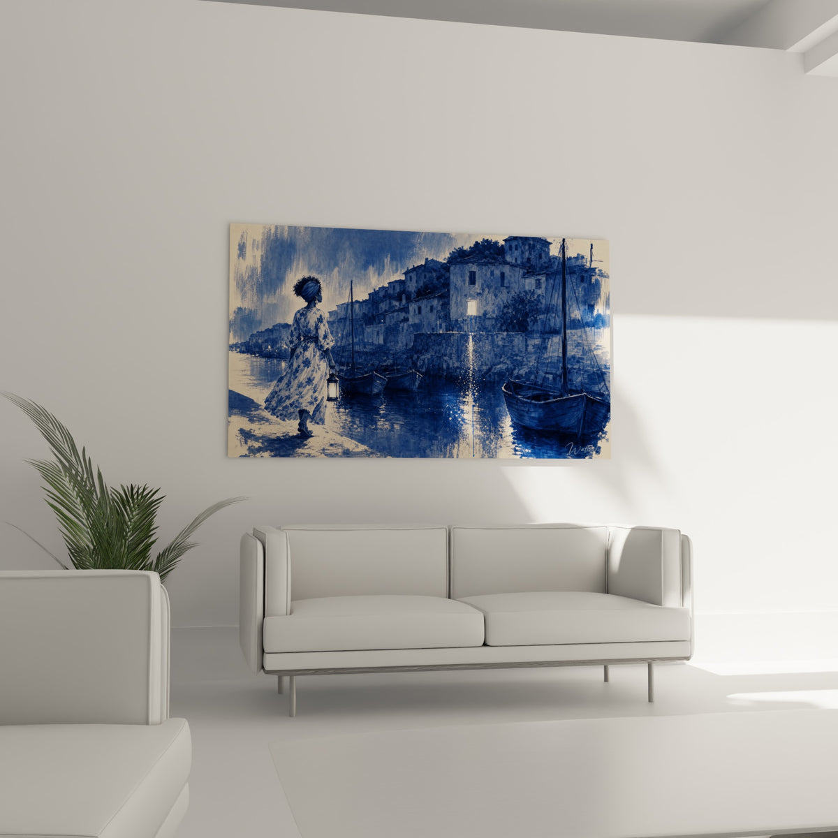 Barques amarrées et façades en pierre bleu marine, au-dessus d'un canapé dans un salon lumineux