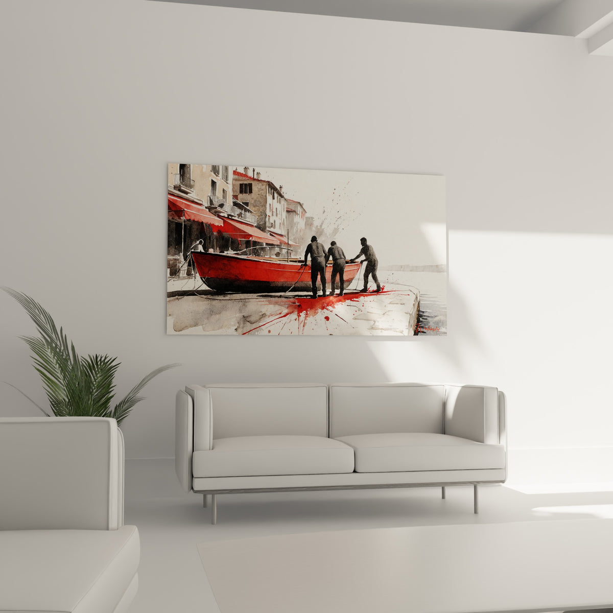 Scène portuaire rouge et ocre de Saint-Tropez, tableau au-dessus d'un canapé dans un salon lumineux