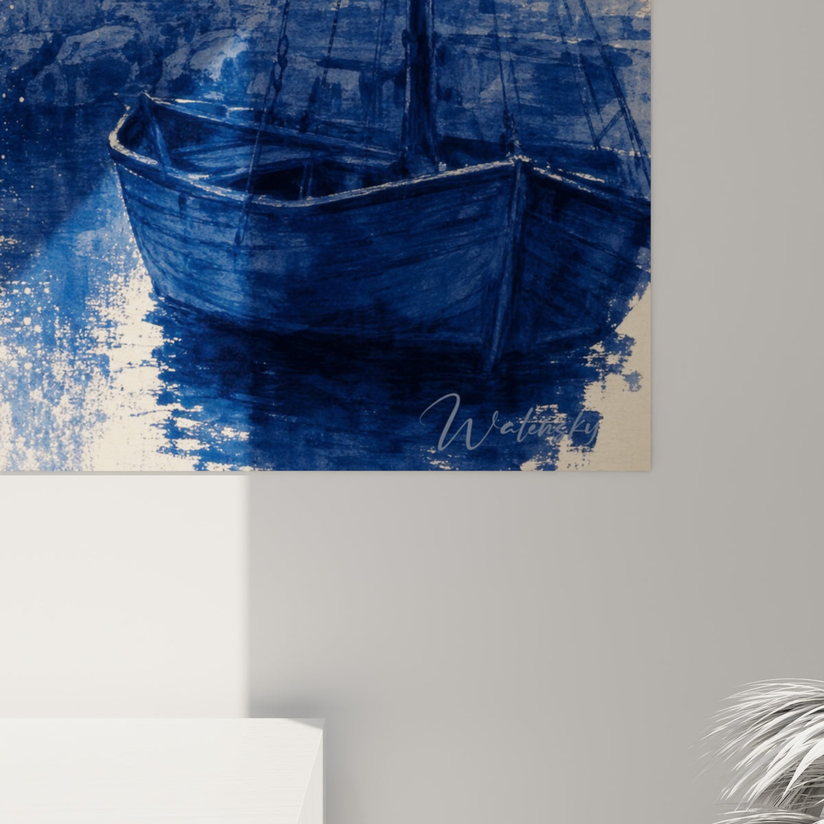 Détail des empâtements bleu marine et blanc crème formant la lumière de la lanterne