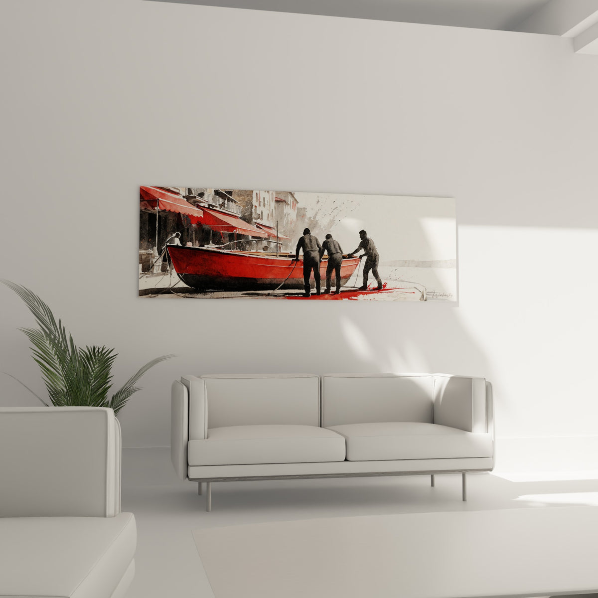 Scène portuaire rouge et grise de Saint-Tropez, tableau suspendu au-dessus d'un canapé dans un salon lumineux