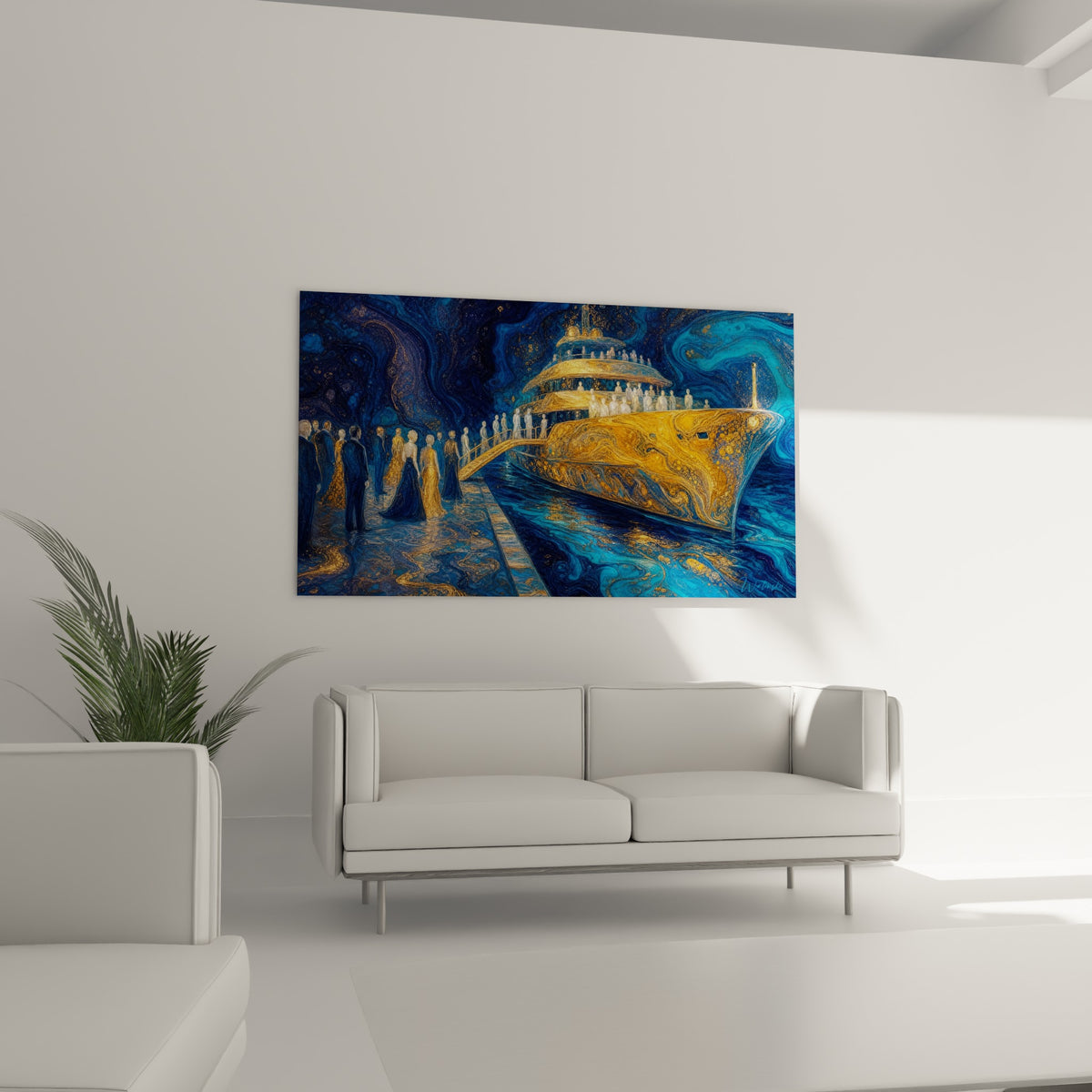 Silhouettes dorées et bleu marine s'avançant vers un navire, disposé au-dessus d'un canapé dans un salon lumineux.