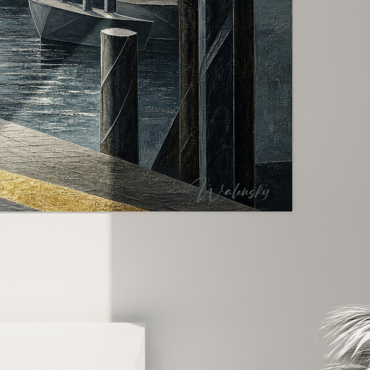 Empâtements dorés et gris texturés révélant la matière du manteau et de la lanterne sur ce tableau Saint-Tropez