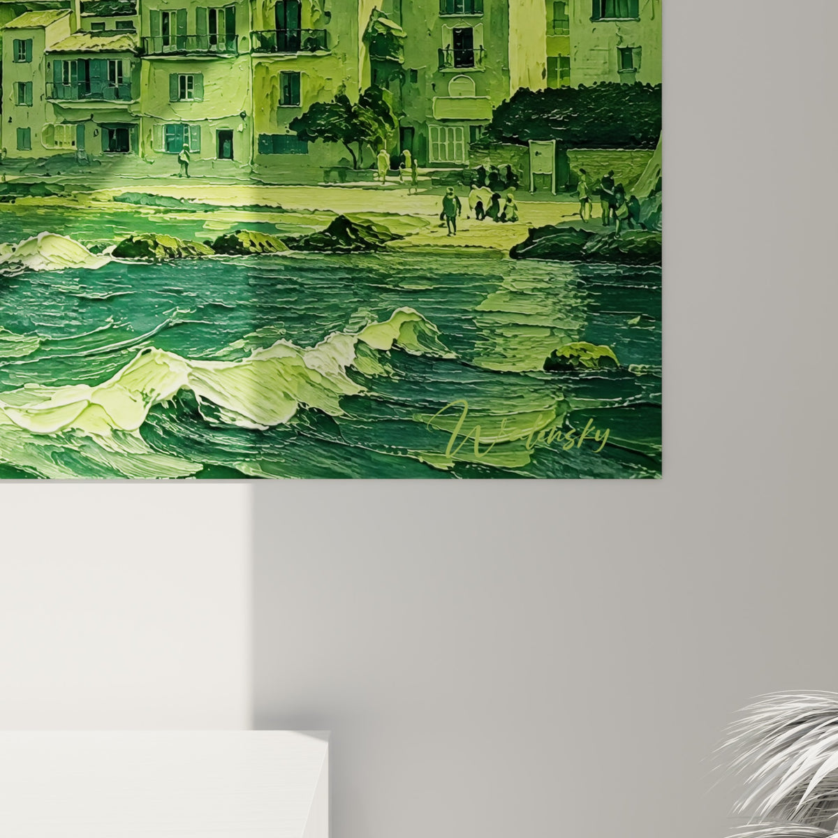 Empâtements épais révélant les nuances de vert mousse et vert anthracite des vagues de ce tableau provençal