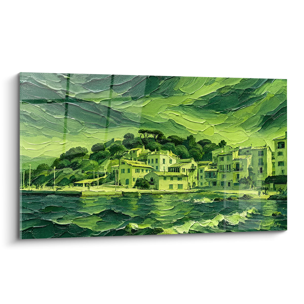 Village côtier de Saint-Tropez en vert émeraude et jaune citron, empâtements texturés façon peinture à la spatule