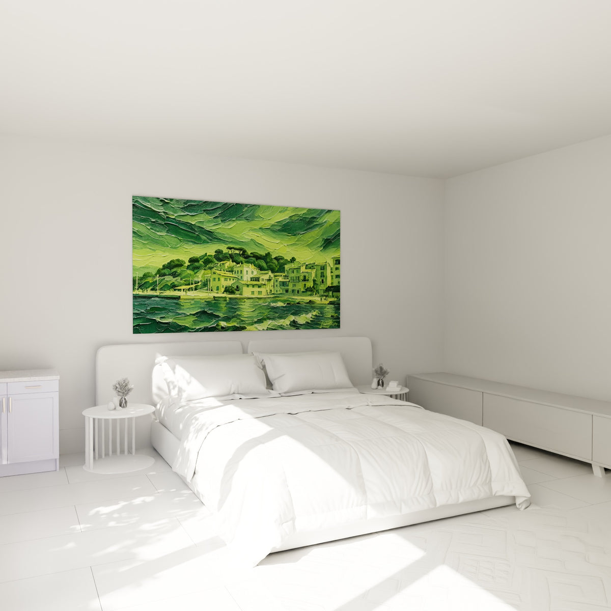 Quadro porto mediterraneo con facciate giallo limone e onde verde smeraldo a impasto spesso, sopra un divano in un soggiorno luminoso
