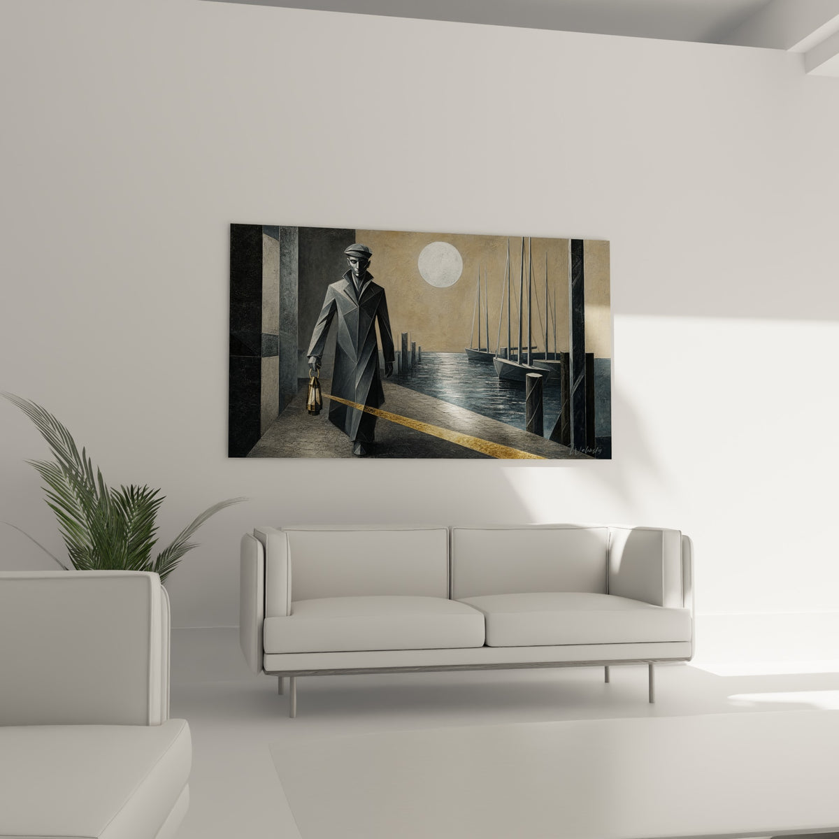 Figure géométrique en manteau anthracite près de voiliers beiges, accrochée au-dessus d'un canapé dans un salon lumineux