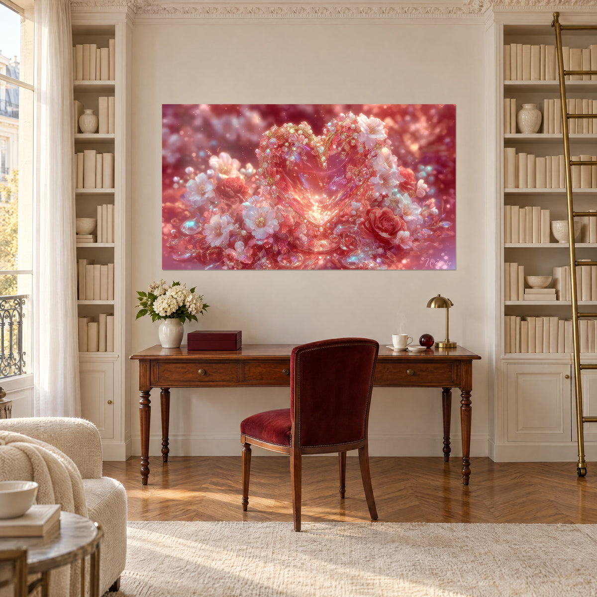 Cuadro corazón engastado con gemas y pétalos rosa polvo y rojos, destellos dorados, colgado entre estanterías y un escritorio de madera