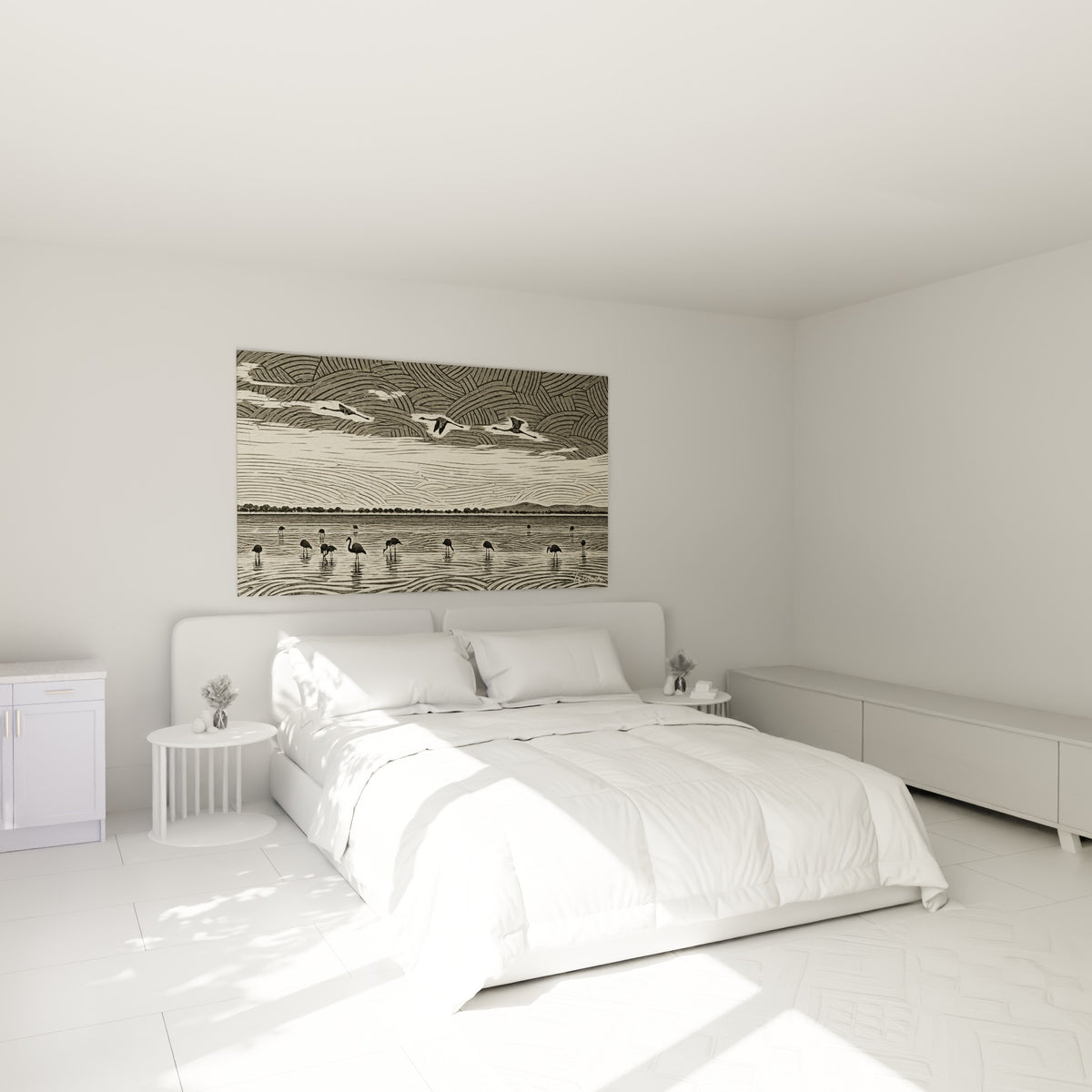 Oiseaux anthracite et ivoire en vol au-dessus d'un lit dans une chambre claire et sereine