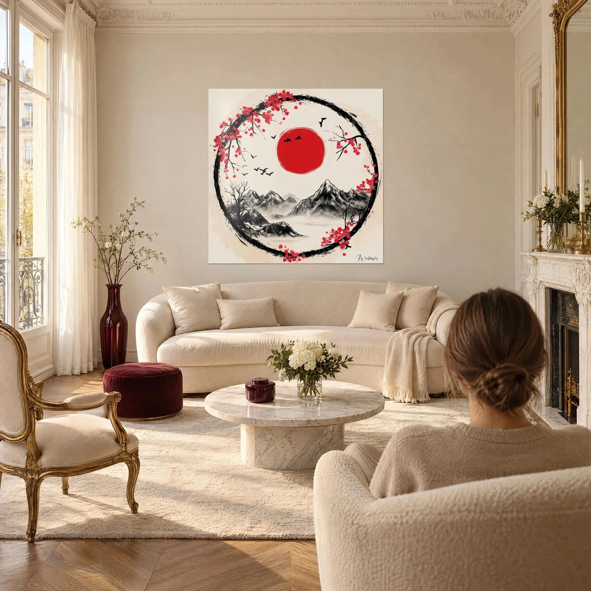 Quadro con sole rosso vermiglione cerchiato da un cerchio di inchiostro nero e fiori di ciliegio rosa, sopra un divano in un soggiorno luminoso