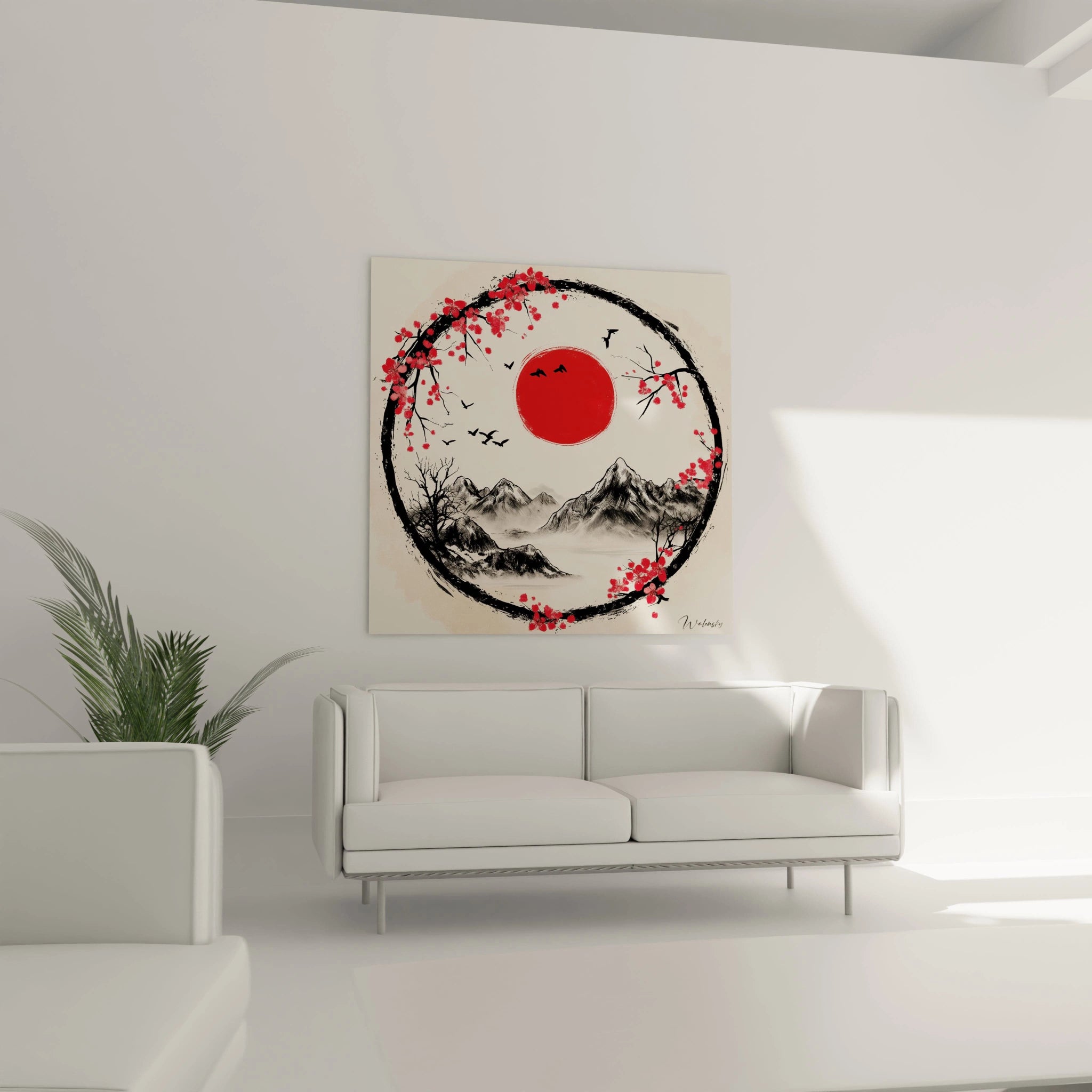 Tableau zen mural Walensky avec cercle noir, soleil rouge et montagnes avec fleurs de cerisier