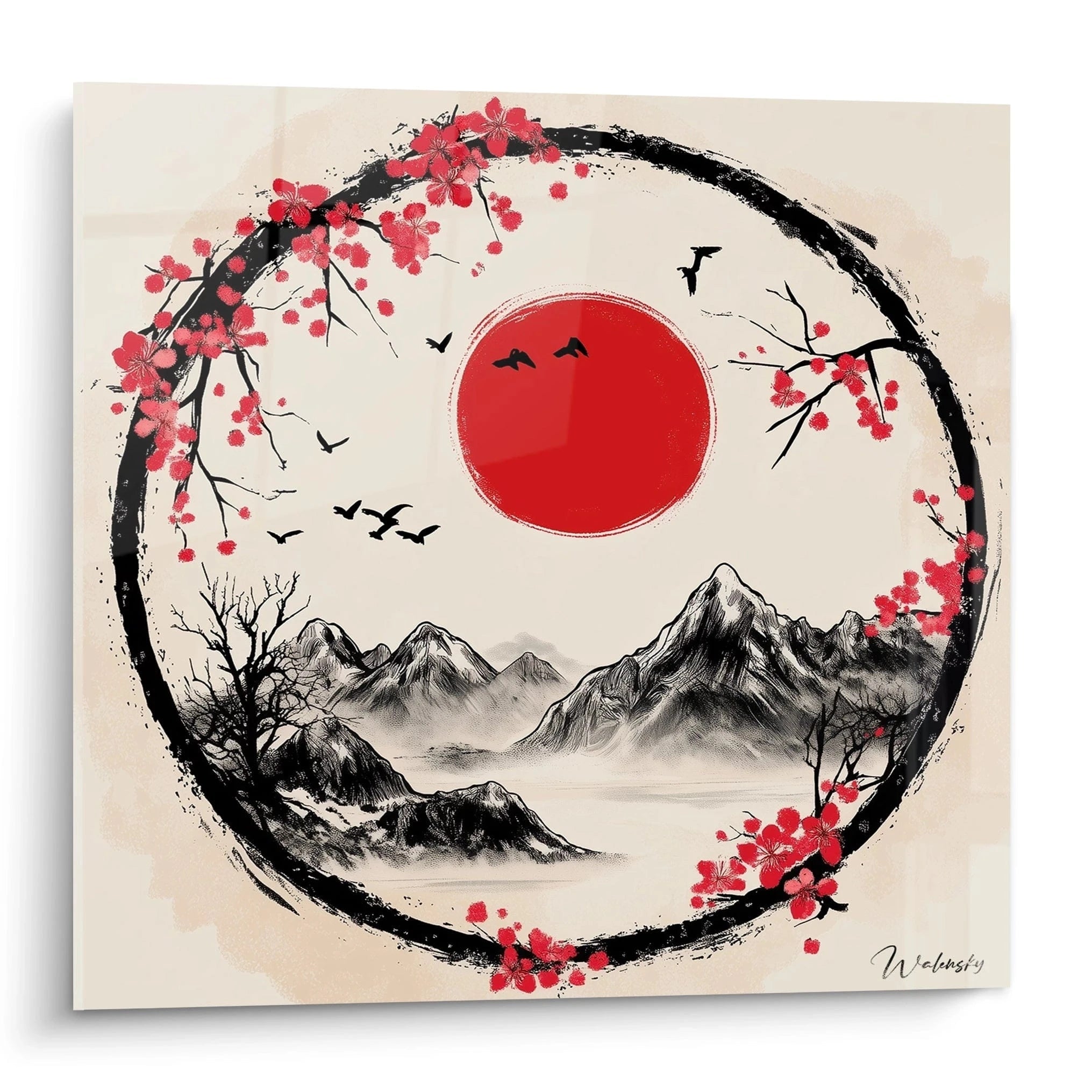 Tableau zen mural Walensky avec cercle noir, fleurs rouges et paysage montagneux minimaliste