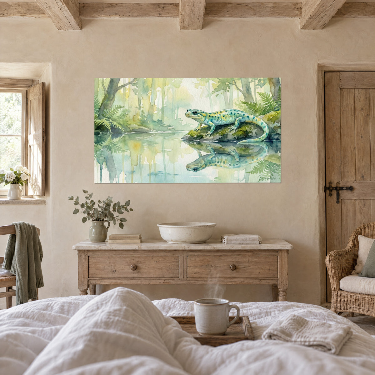 Wall art amphibian with turquoise and golden yellow spots, reflection in clear water, soft green ferns, seen from behind, above a bed in a bright bedroom