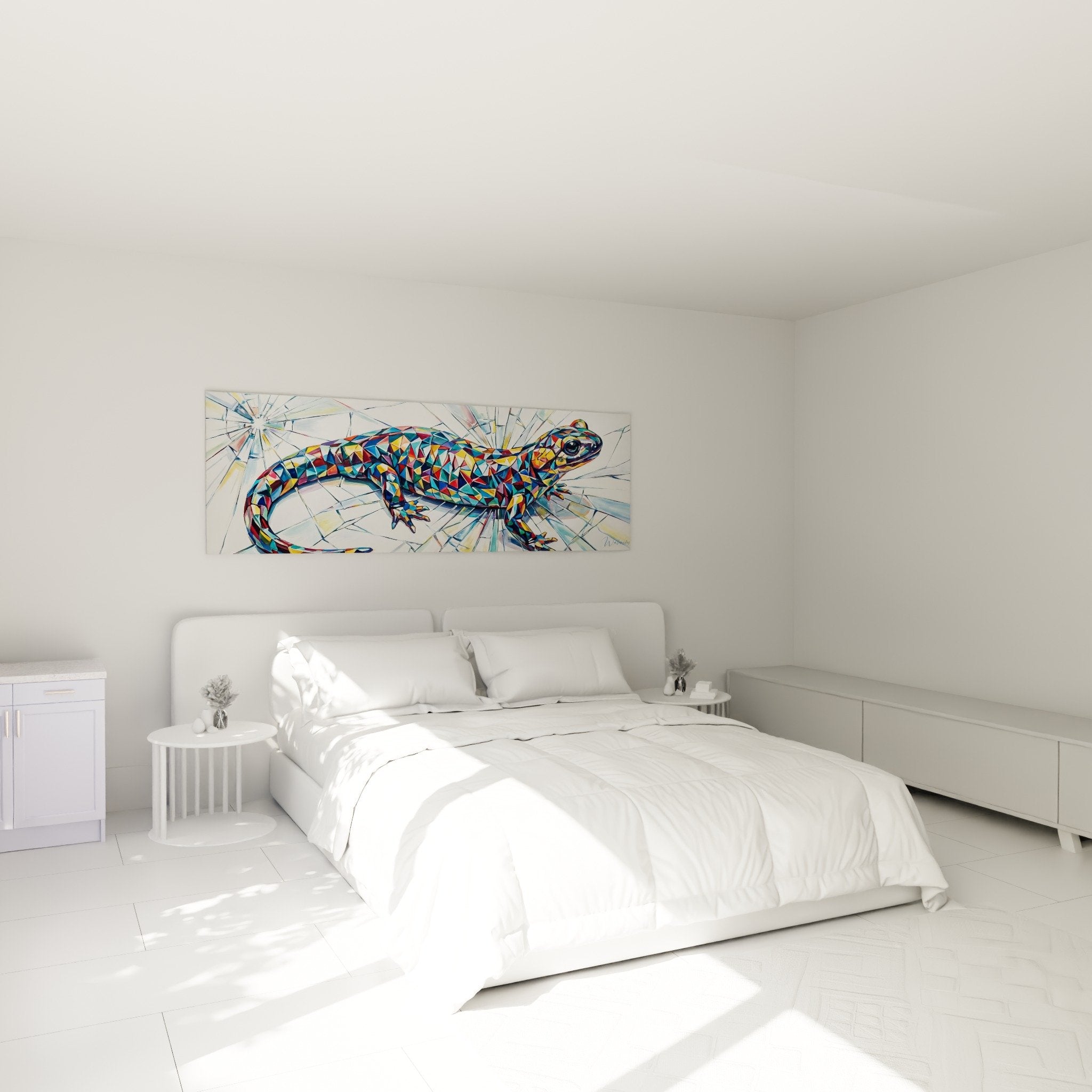 Colorful geometric salamander wall art in modern bedroom with white walls