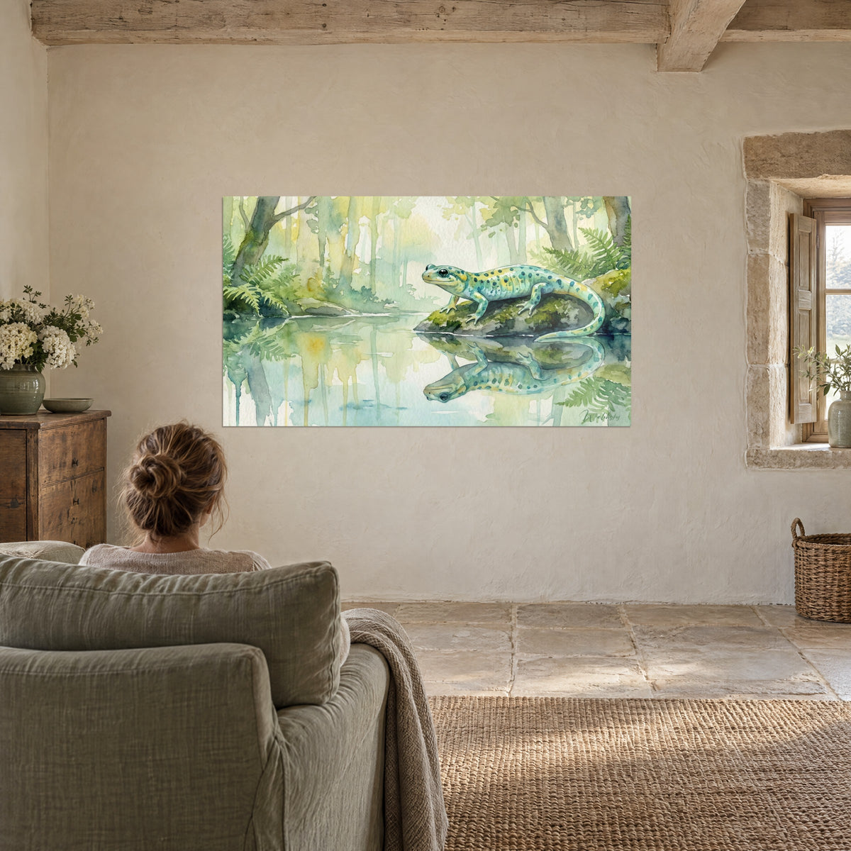 Wall art small teal and moss-green salamander at the edge of a pond reflecting the forest, soft watercolour, seen by a reader from behind in the armchair