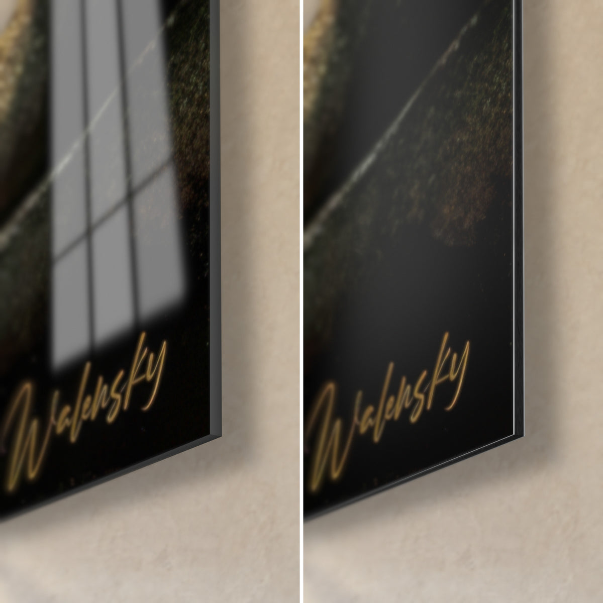Wall art salamander eye, bottom right corner: glossy acrylic glass reflecting the window, matte black Dibond aluminium, gold signature, 3 mm edge