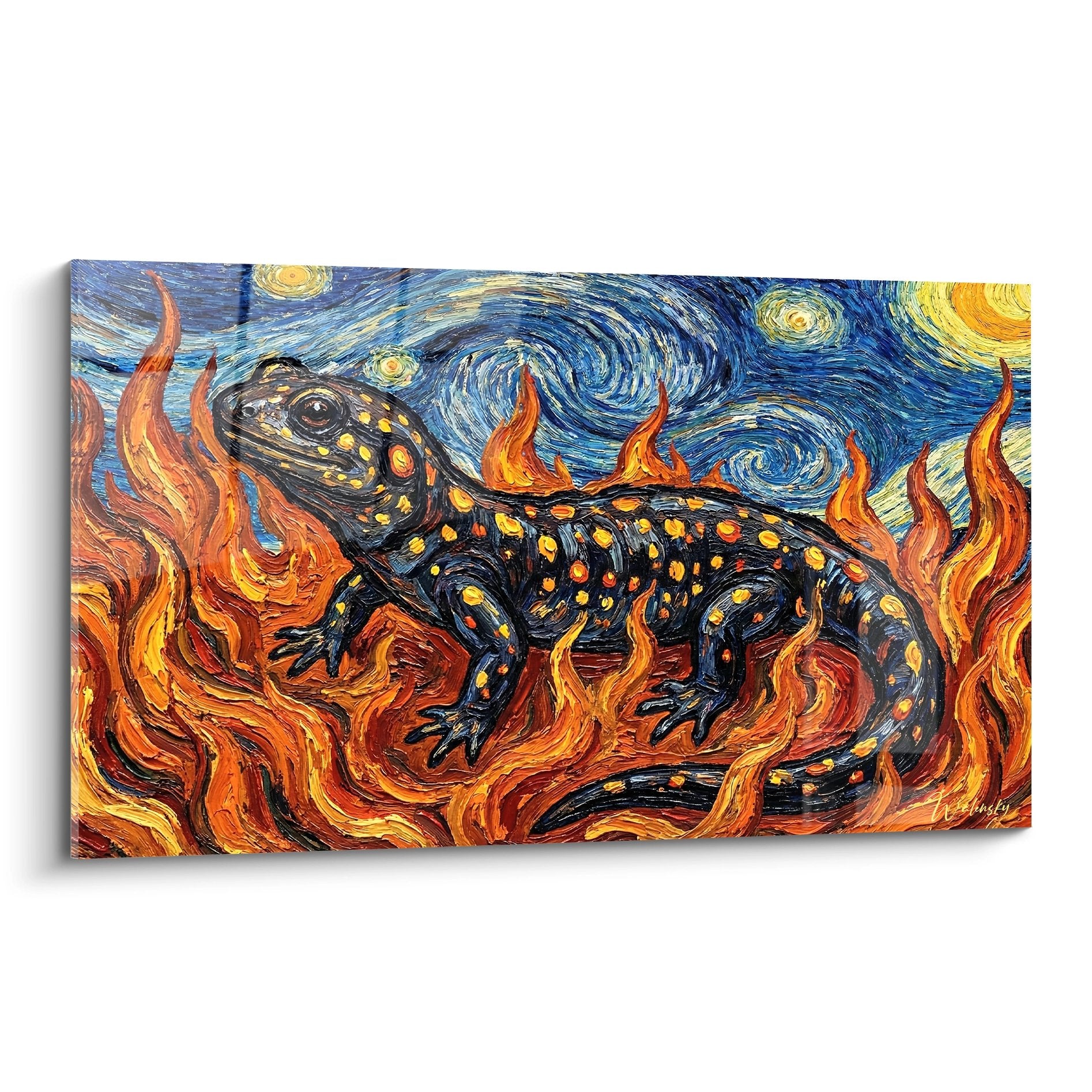 Tableau salamandre tachetee noire sur flammes orange style van gogh tourbillons bleus edition salamandre