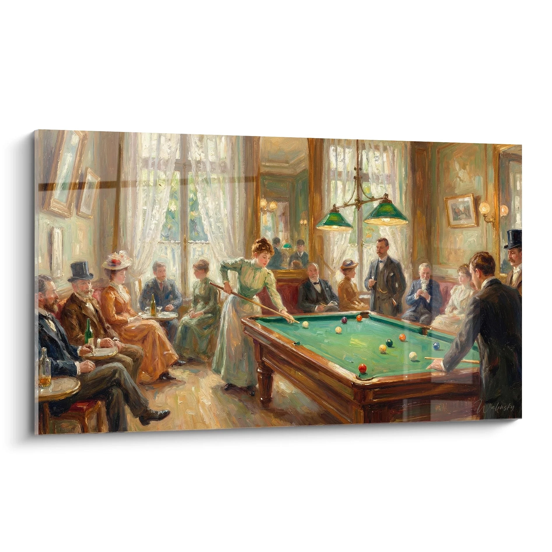 Tableau salon de billard victorien avec dame en robe verte jouant, ambiance bourgeoise XIXe siècle