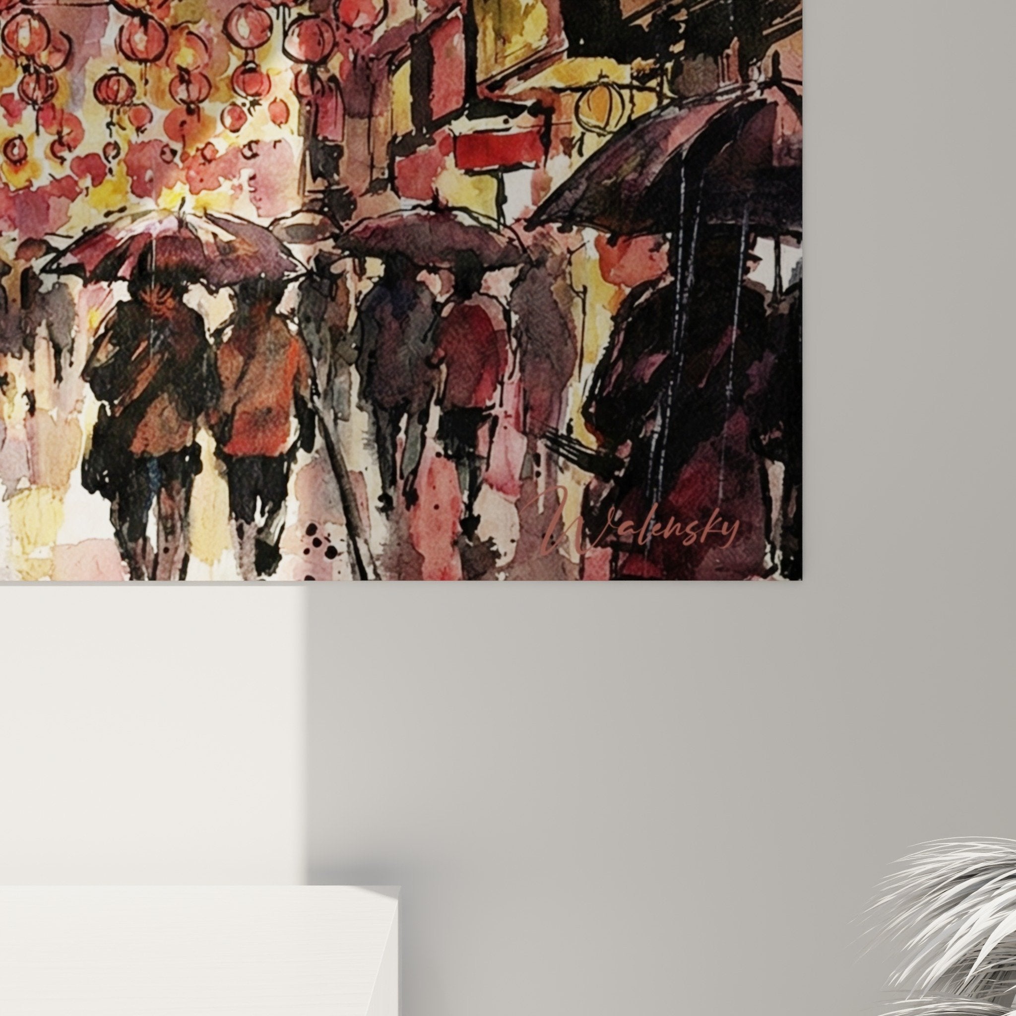 Tableau mural salon lanternes Chinatown pluie atmosphere urbaine Manhattan decoration moderne