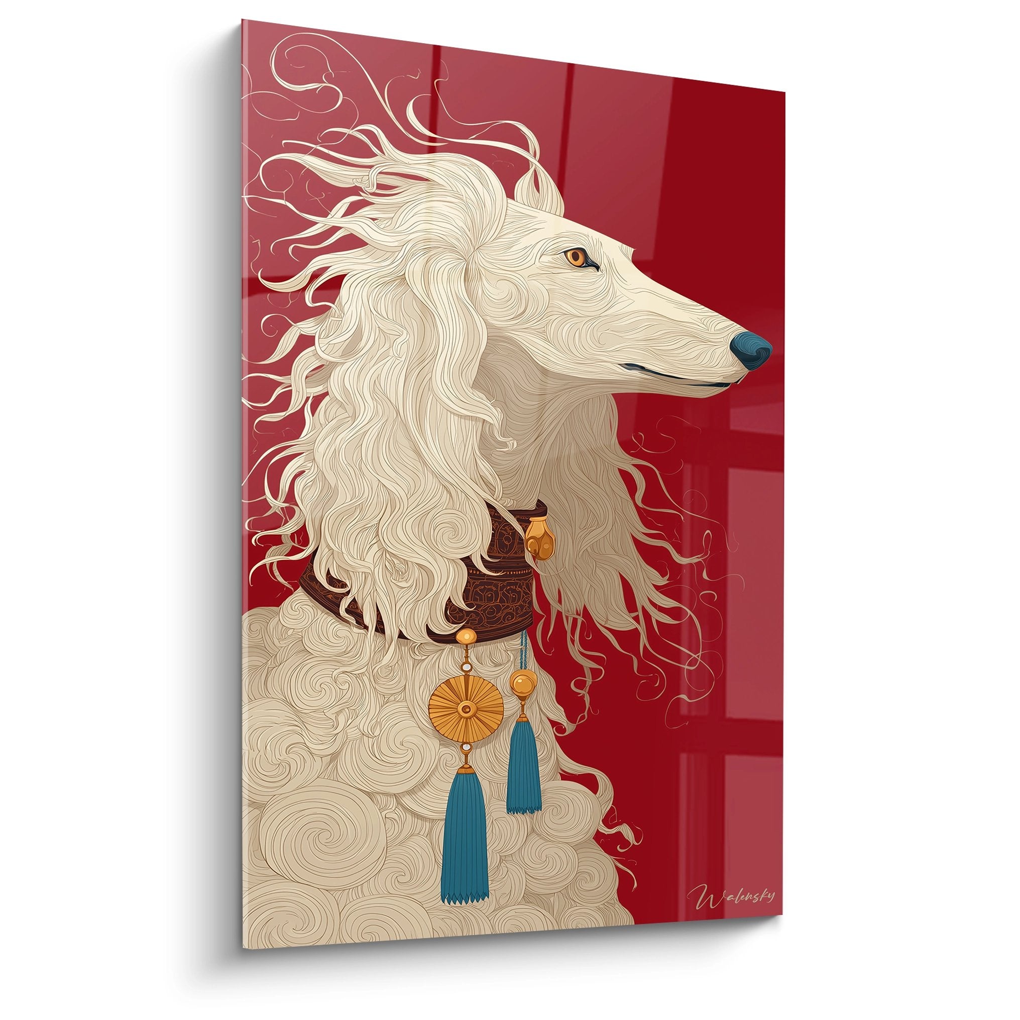 Portrait de Saluki blanc aux bijoux turquoise sur fond rouge écarlate, style art décoratif oriental