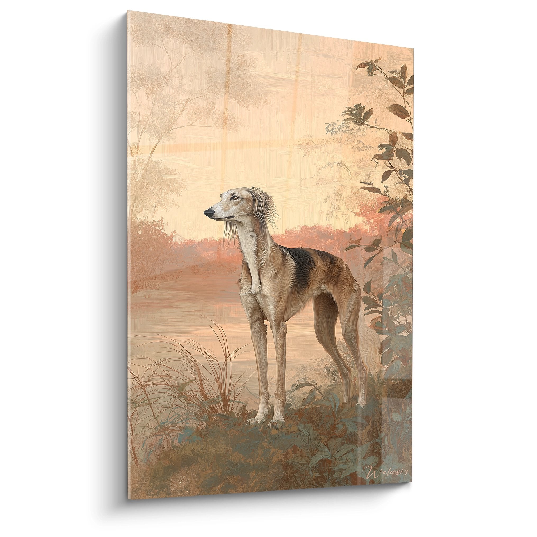 Tableau Saluki élégant dans paysage automnal aux tons dorés et ocre avec végétation luxuriante