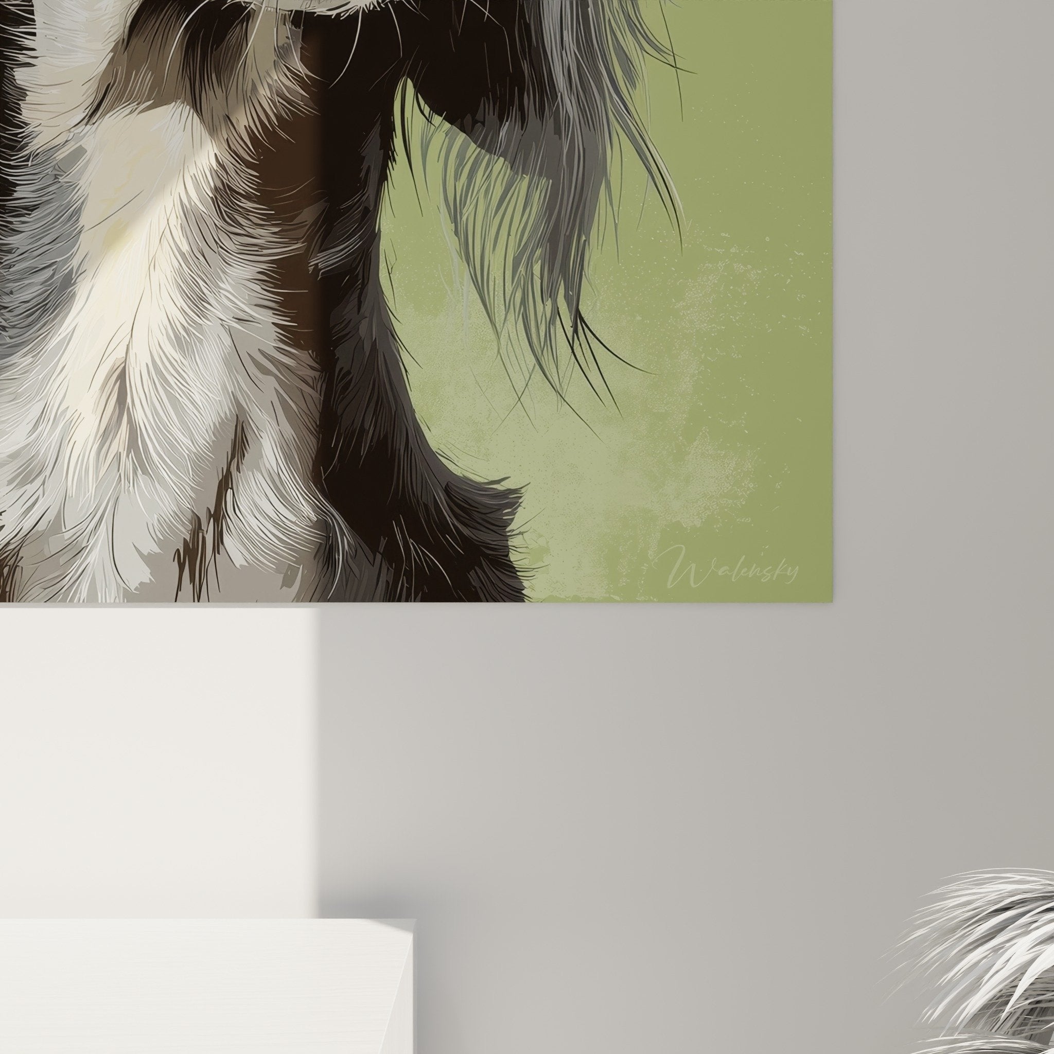 Vue d'ensemble du tableau Saluki dans un interieur contemporain, integration harmonieuse avec mobilier naturel