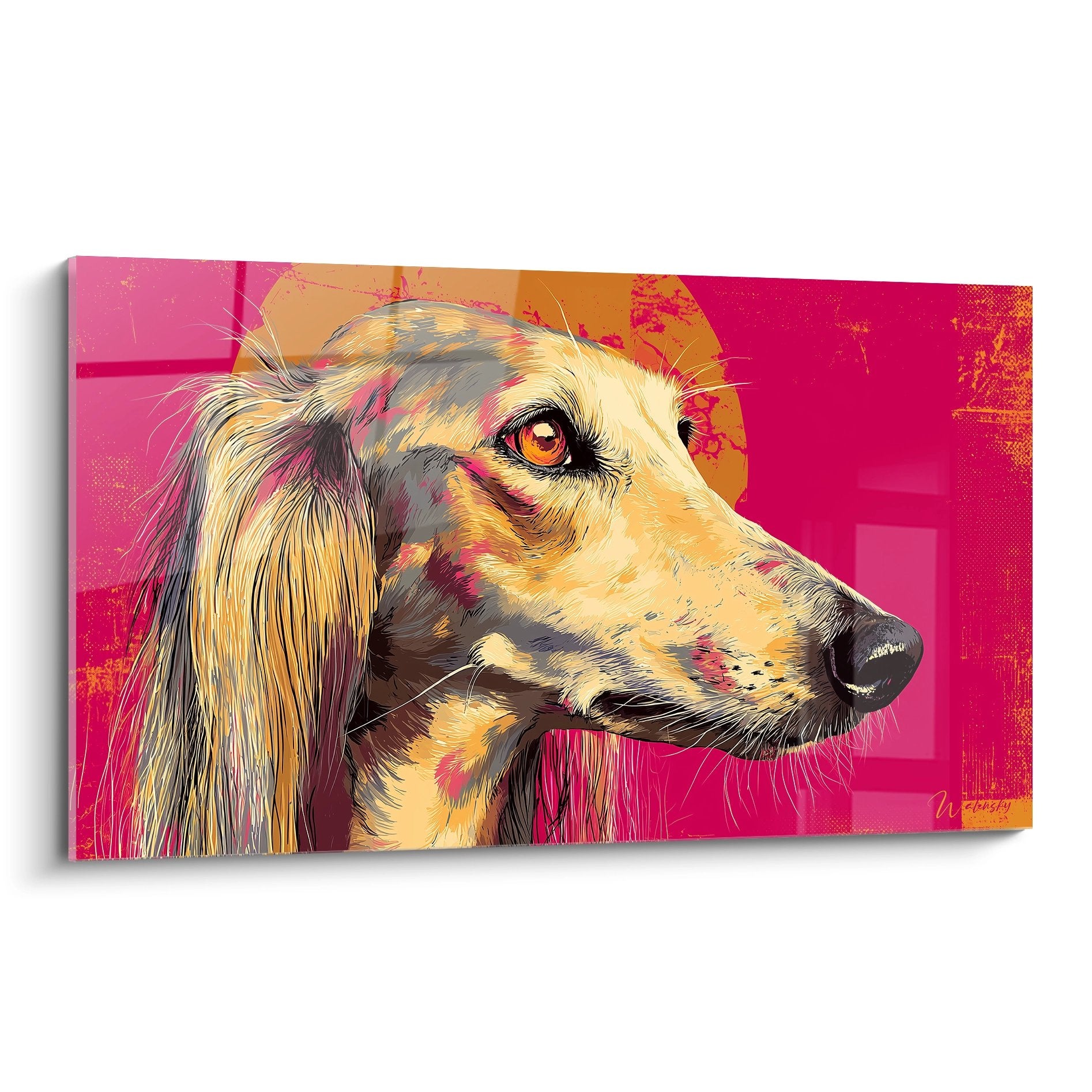 Portrait moderne de Saluki sur fond rose fuchsia avec œil ambré et pelage doré - Tableau contemporain