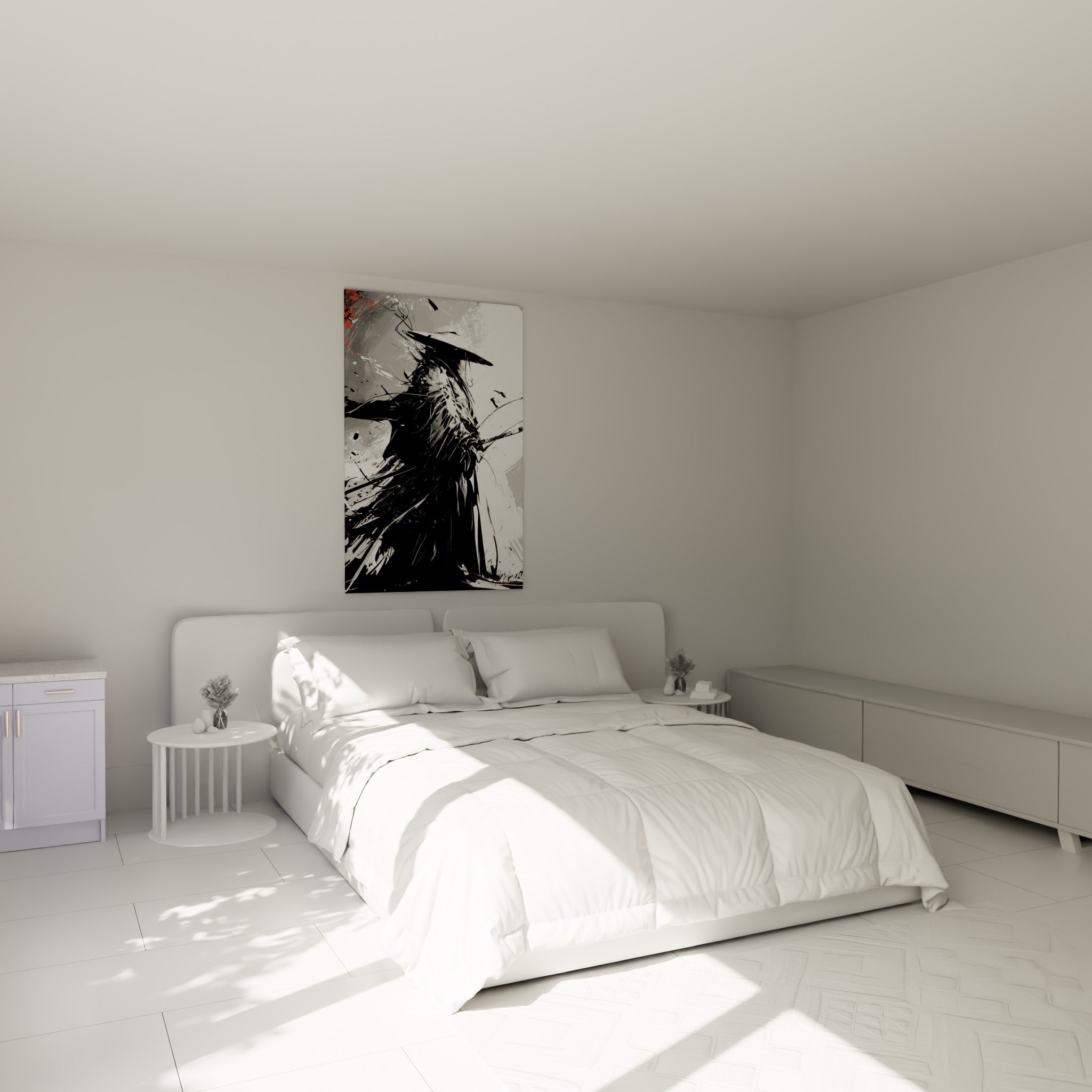 Samouraï anthracite au sabre visible, éclats terracotta, au-dessus d'un lit dans une chambre claire