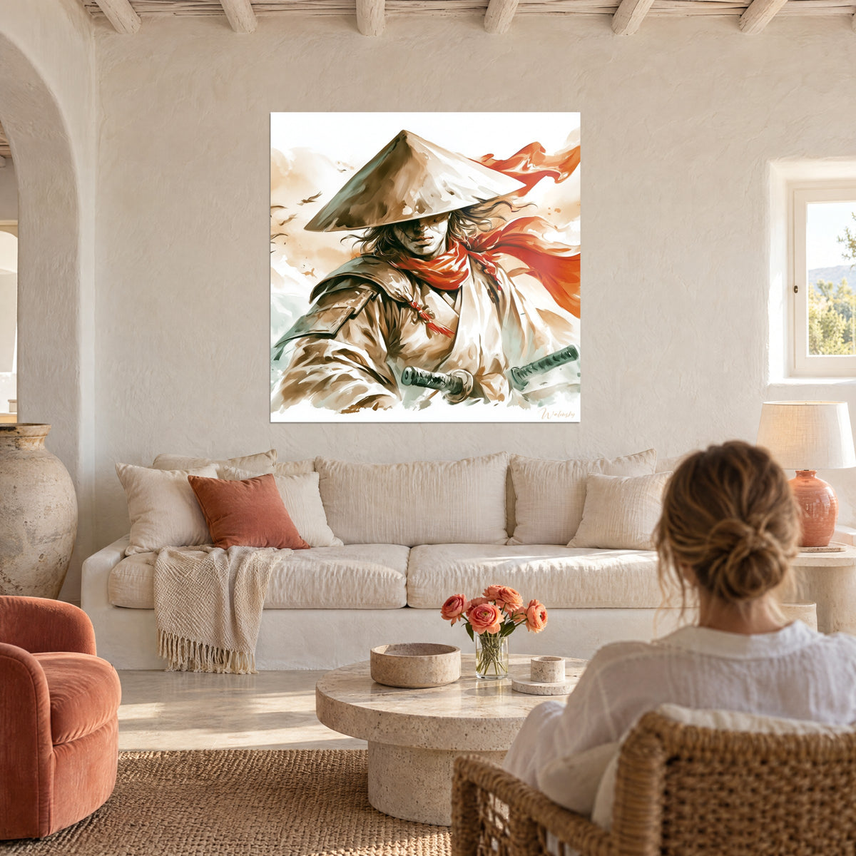 Wall art of a samurai under his beige conical hat, bright red scarf fluttering, two katanas, above a sofa in a bright living room