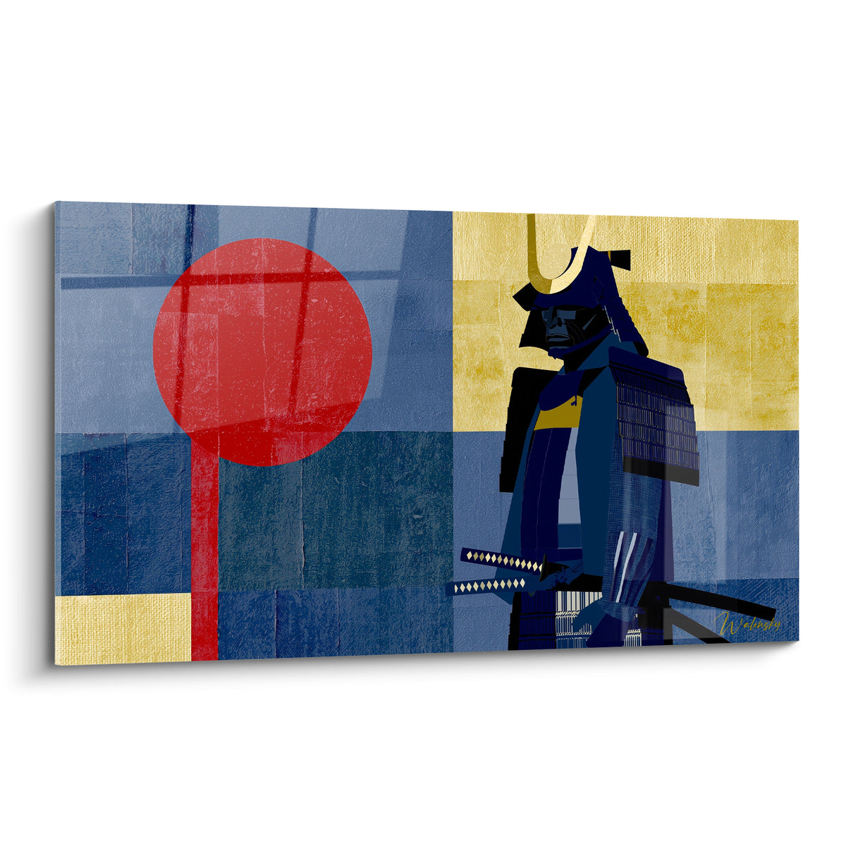 Samouraï en armure bleu marine et dorée face à un disque rouge, composition graphique épurée